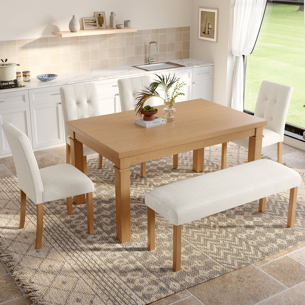 Euroco 6-Piece Wood Dining Table Set for 6, Modern Rectangular Kitchen Table with 4 Upholstered Chairs & Bench for Kitchen Dining Room,Walnut
