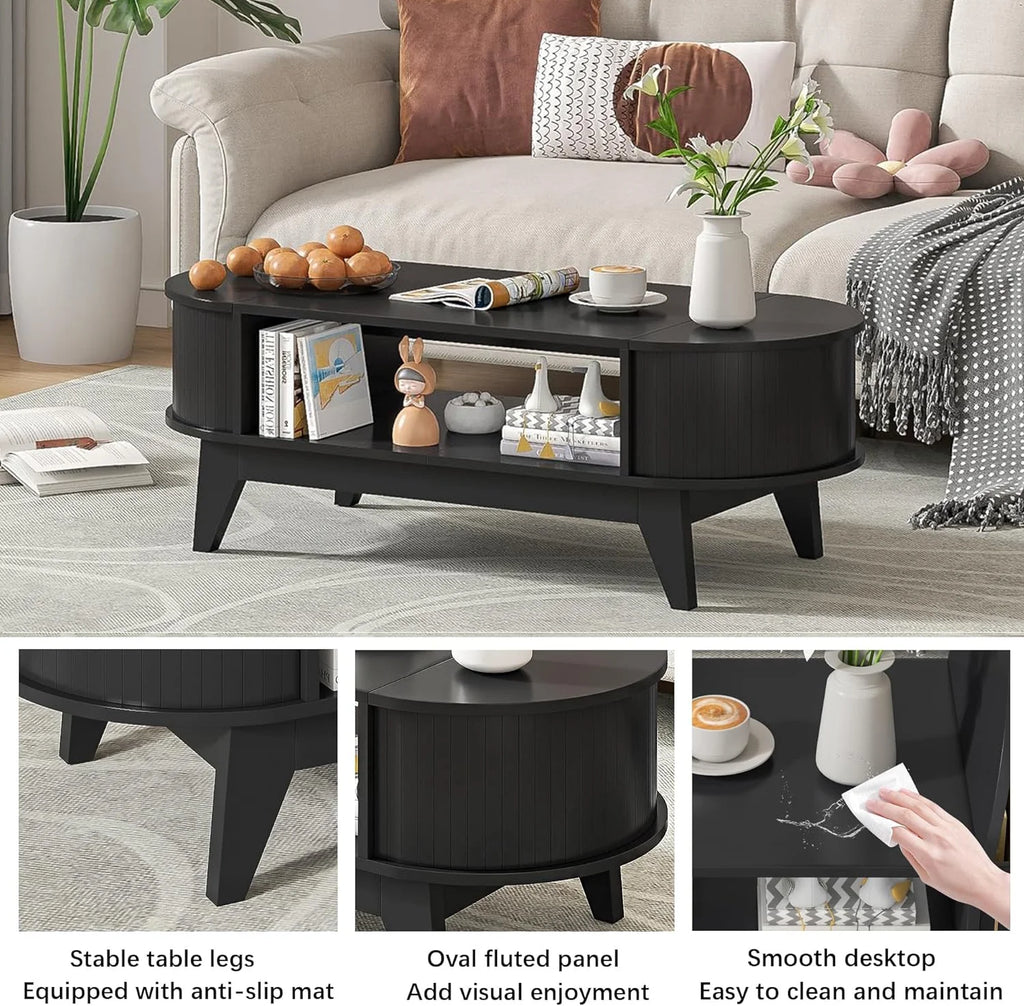 Fluted Coffee Table with Storage, Modern Coffee Tables, Wood Accent Center Table