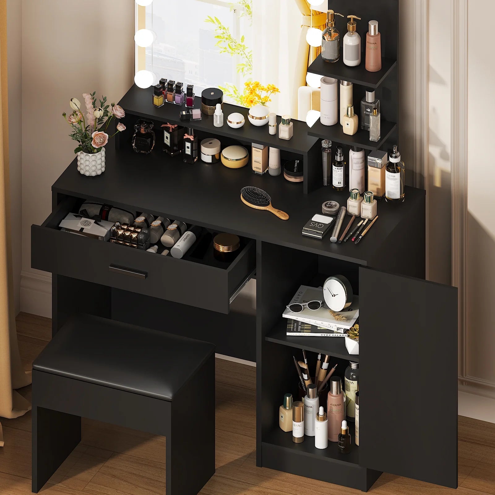 Ktaxon Vanity Set with 3 Color Lighted Mirror, Makeup Table with 3 Storage Shelves & Drawers, Dressing Table Makeup Desk with Stool,White
