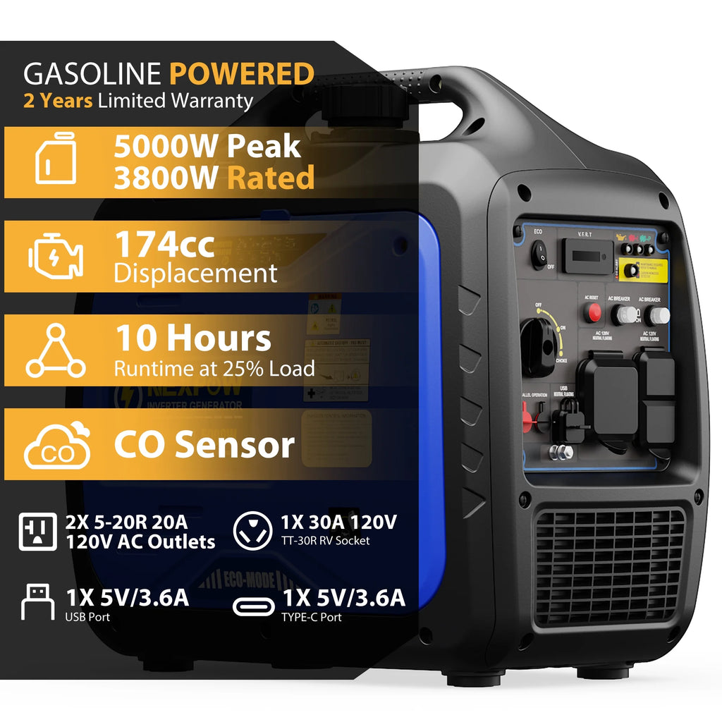 NEXPOW 2250W Portable Inverter Generator, Gasoline Power Quiet Lightweight for Backup Home & Camping, Eco-Mode Feature, Parallel Capability, EPA Compliant
