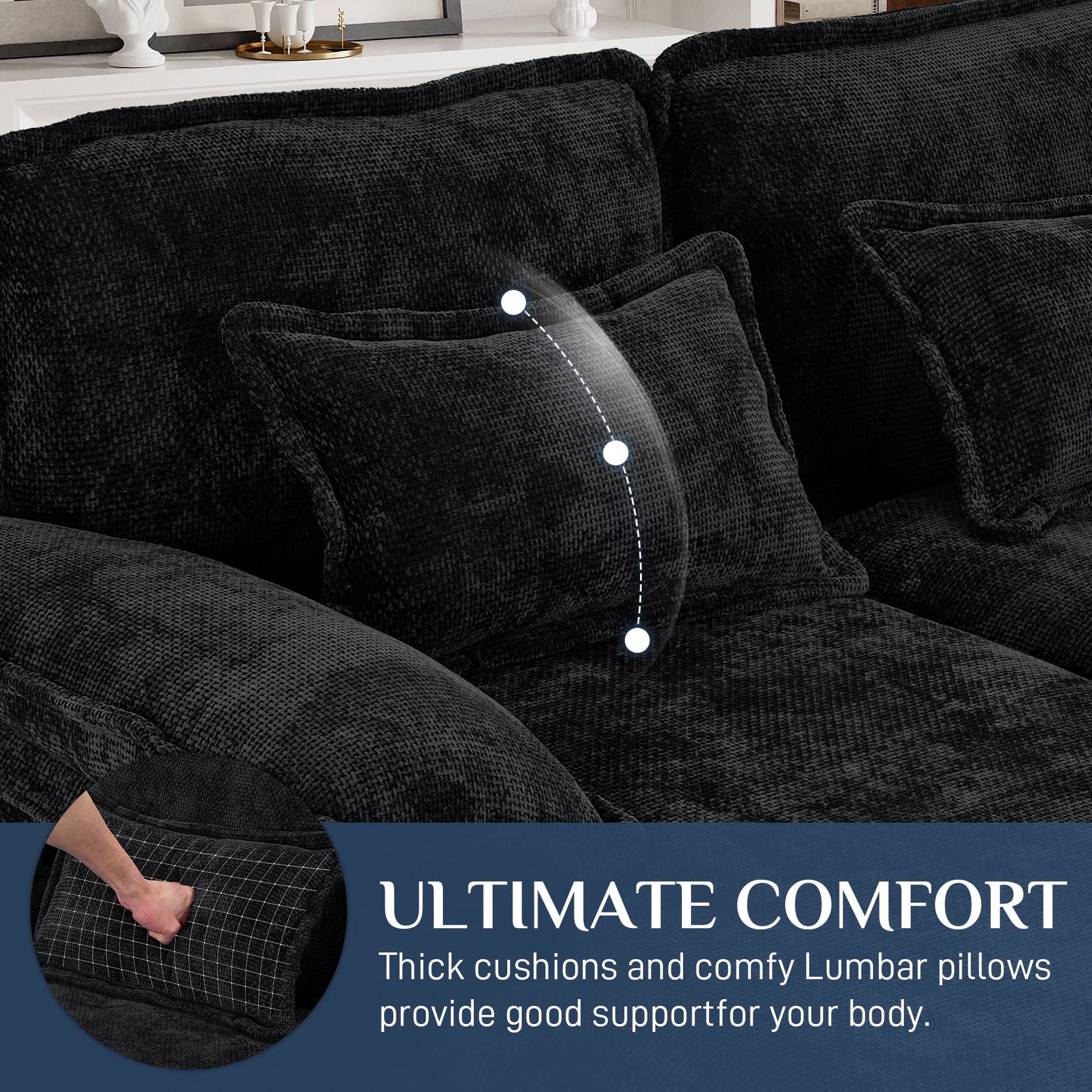 Wiilayok U Shaped Cloud Couch Modular Sectional Sofa 124" Extra Deep Fluffy Chenille Double Chaise Lounge, Central Console w/ Dual USB-C & A Ports, Storm Gray