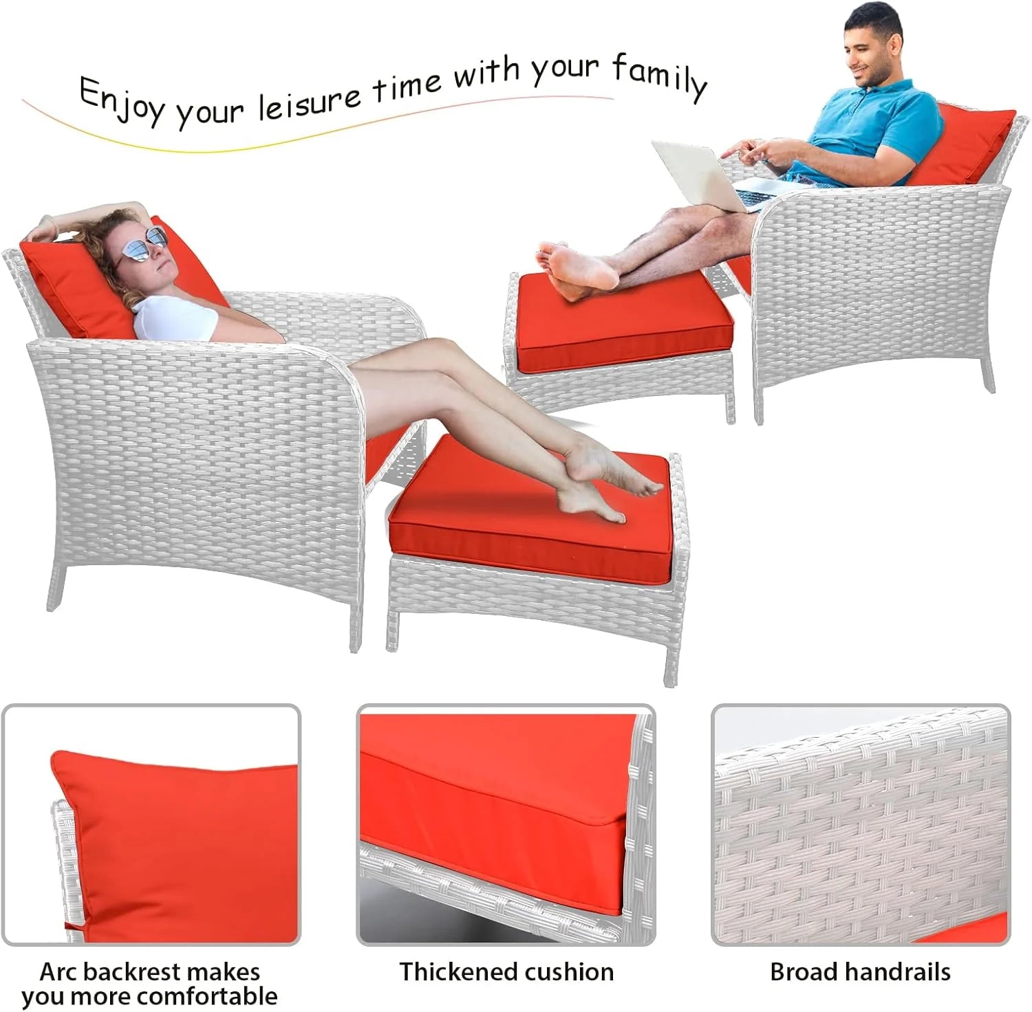 LEVELEVE Balcony Furniture 5 Piece Patio Conversation Set, PE Wicker Rattan Outdoor Lounge Chairs with Soft Cushions 2 Ottoman&Glass Table for Porch, Lawn-Brown Wicker