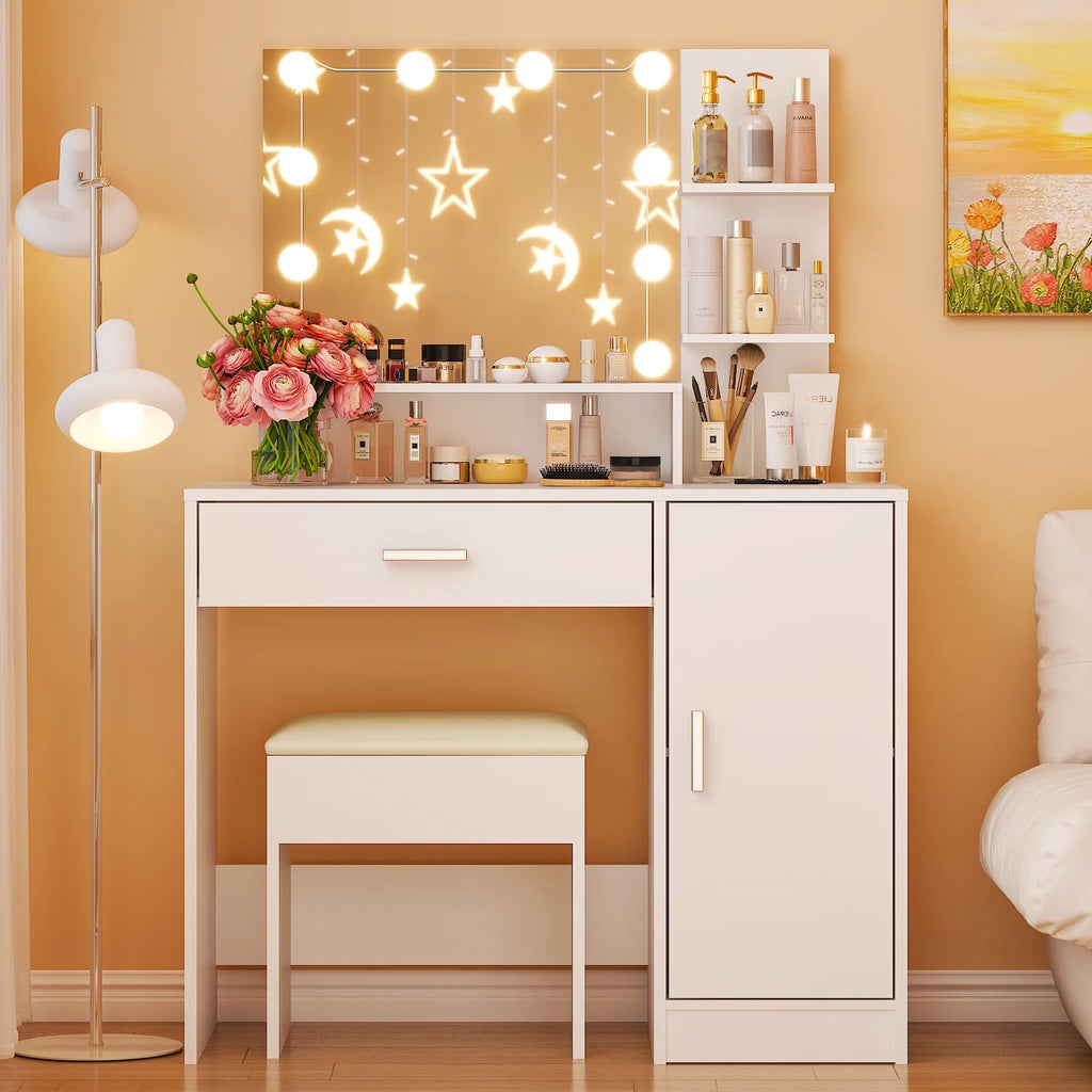 Ktaxon Vanity Set with 3 Color Lighted Mirror, Makeup Table with 3 Storage Shelves & Drawers, Dressing Table Makeup Desk with Stool,White