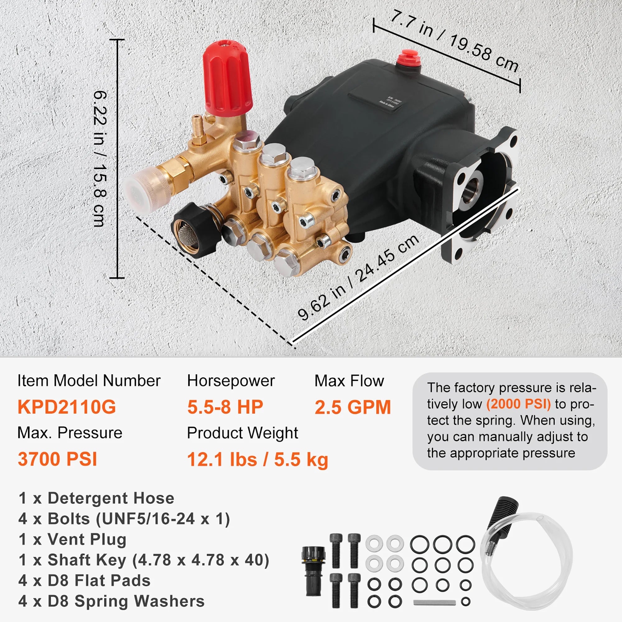 KFFKFF Pressure Cleaning Pump, Triplex Plunger with 3/4" Shaft, 3700 PSI, 2.5 GPM, Substitute Power Cleaning Pumps Set, Component Cleaning Pump, Fits Simpson MorFlex Models 40224, 40225, 40226