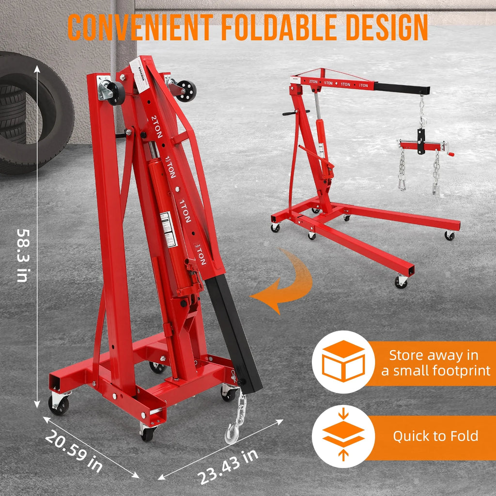 JoanKaren Hydraulic Engine Hoist,4400lbs Max Weight,Folding Engine Lift Shop Crane with Lever and 6 Steel Caster Wheels,Yellow