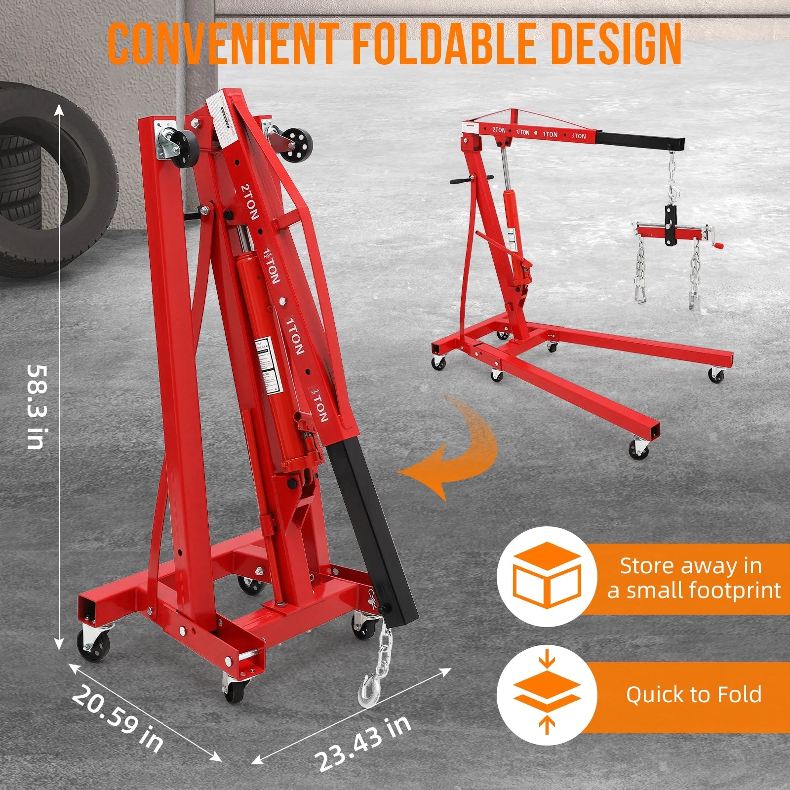 JoanKaren Hydraulic Engine Hoist,4400lbs Max Weight,Folding Engine Lift Shop Crane with Lever and 6 Steel Caster Wheels,Yellow