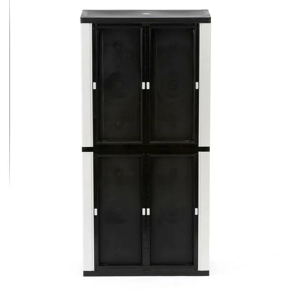 Freestanding garage cabinet made of grey plastic, model 2025, 89 cm W x 180 cm H x 46 cm D, with adjustable shelves and lockable doors.
