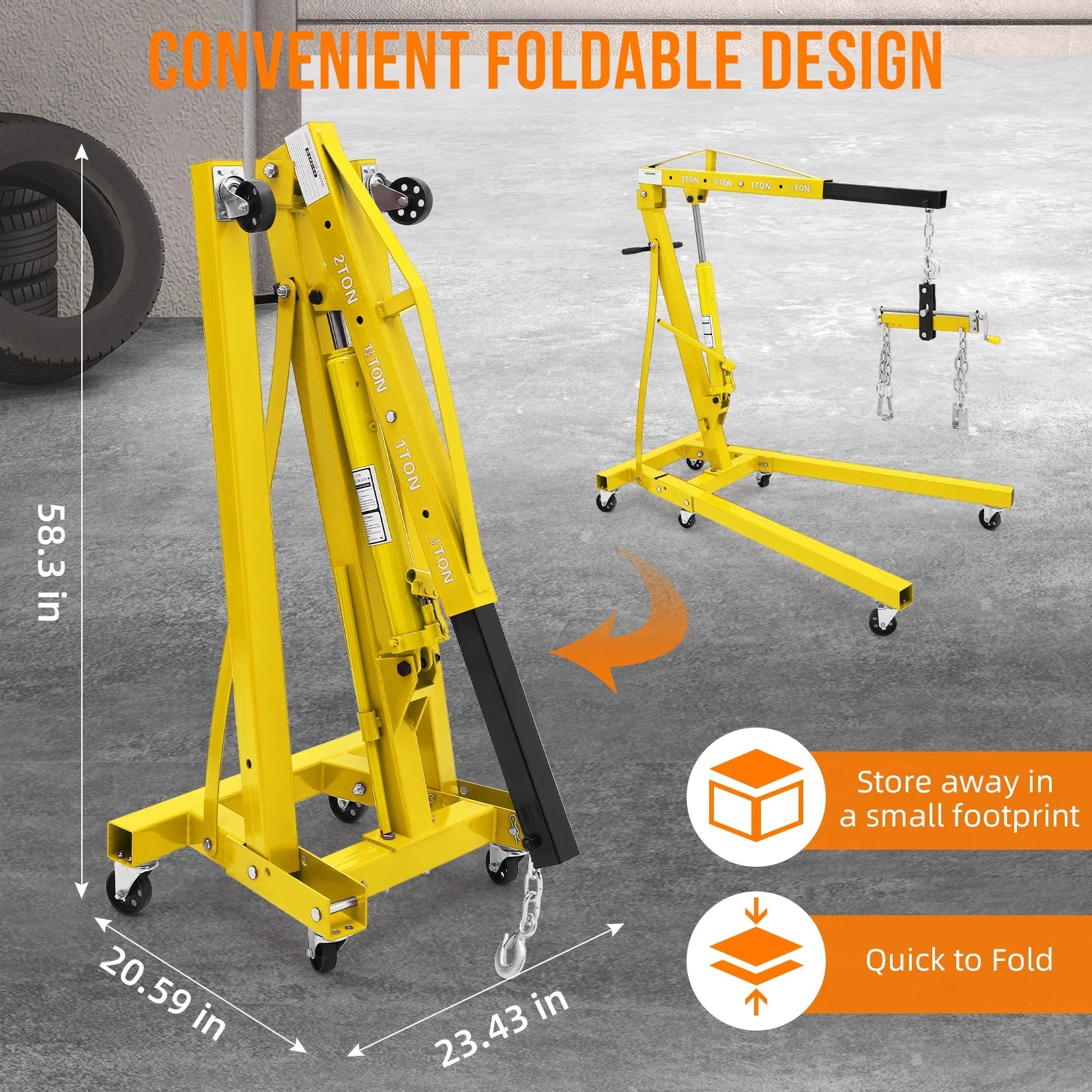 JoanKaren Hydraulic Engine Hoist,4400lbs Max Weight,Folding Engine Lift Shop Crane with Lever and 6 Steel Caster Wheels,Yellow