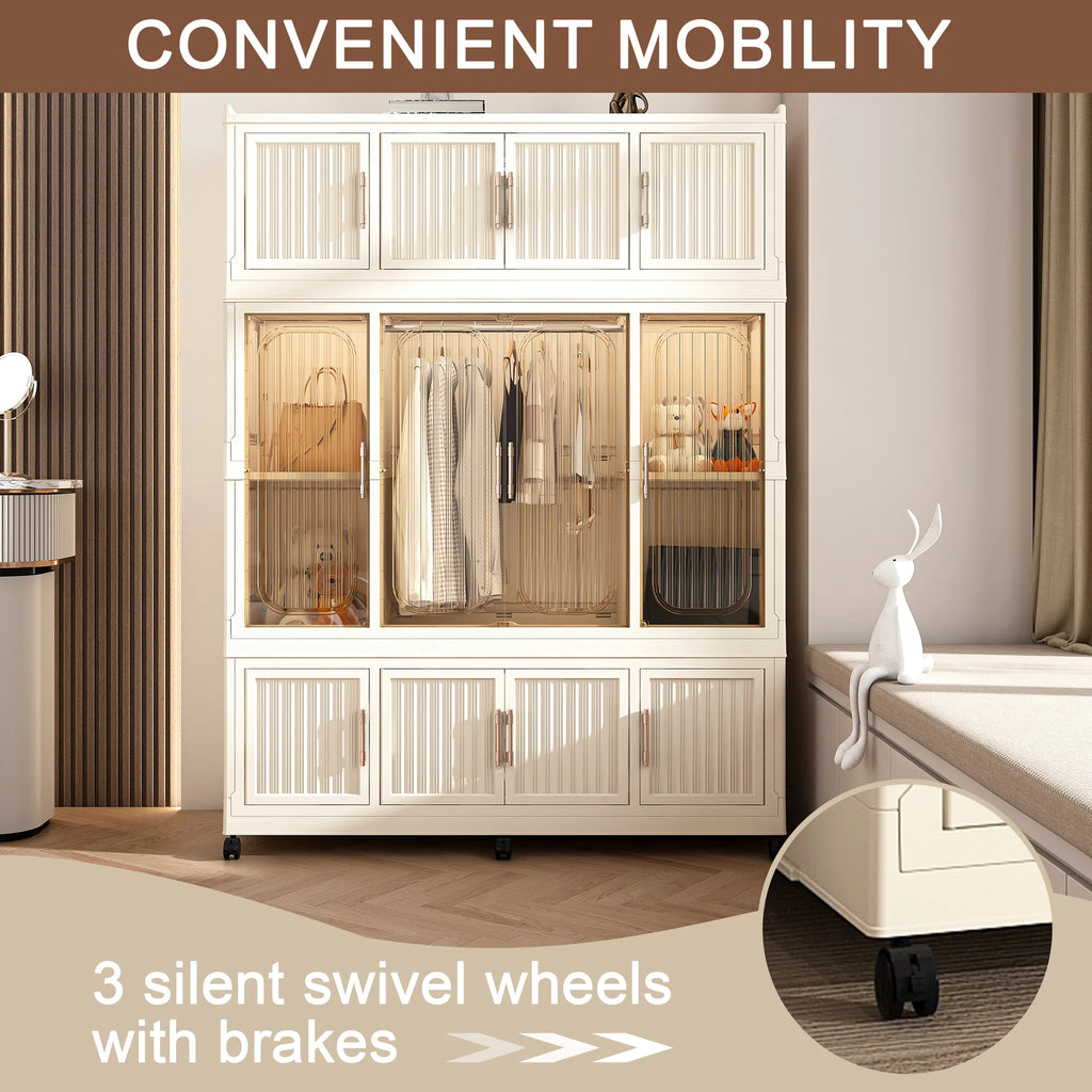Montary Kids Portable Wardrobe w/ Magnetic Doors & Hanging Rod - 4-Cube Plastic Storage Cabinet,Nursery/Bedroom