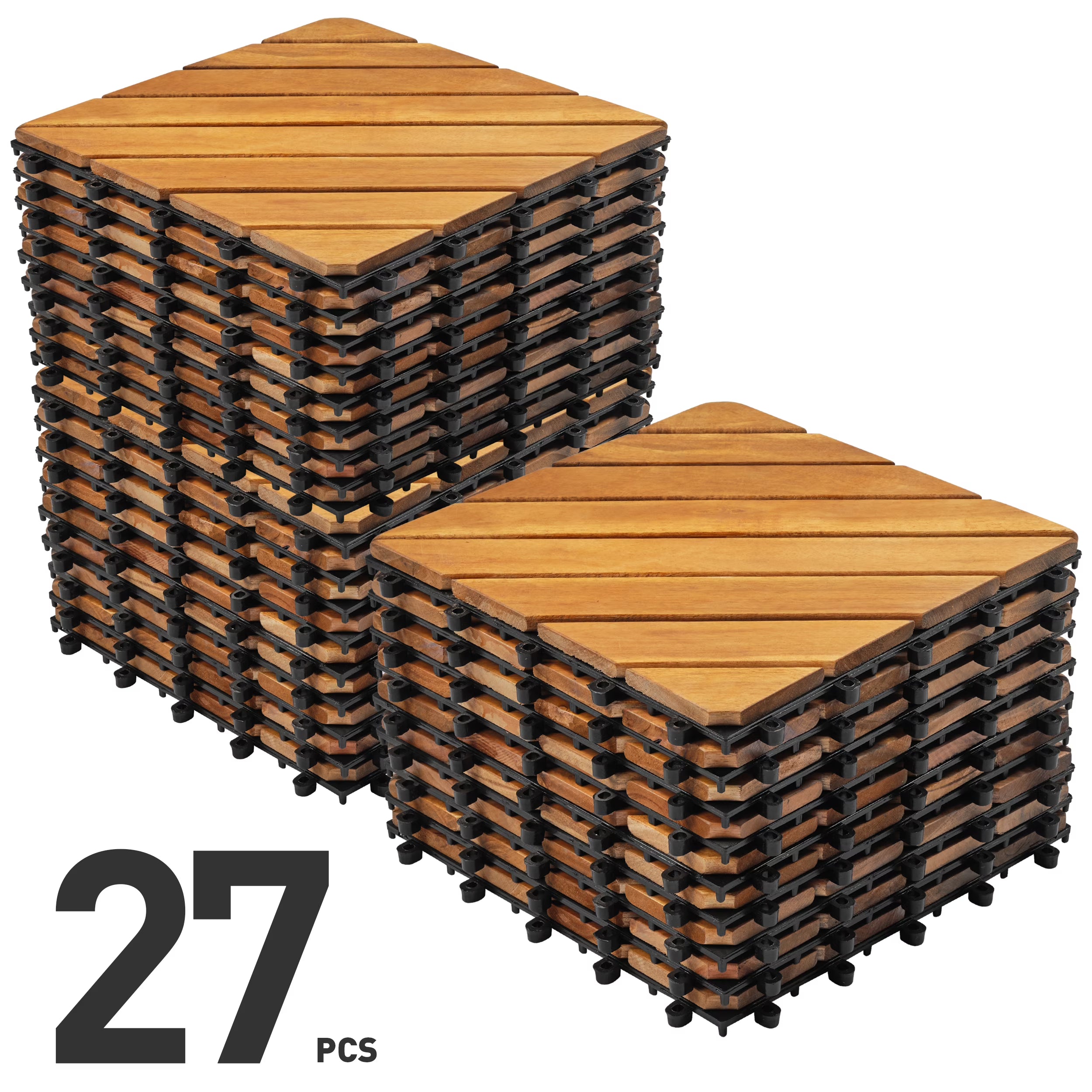 TrumanPick 27PCS Interlocking Wood Flooring Deck Tiles for Patio Garden, 12"L x 12"W, Brown Diagonal