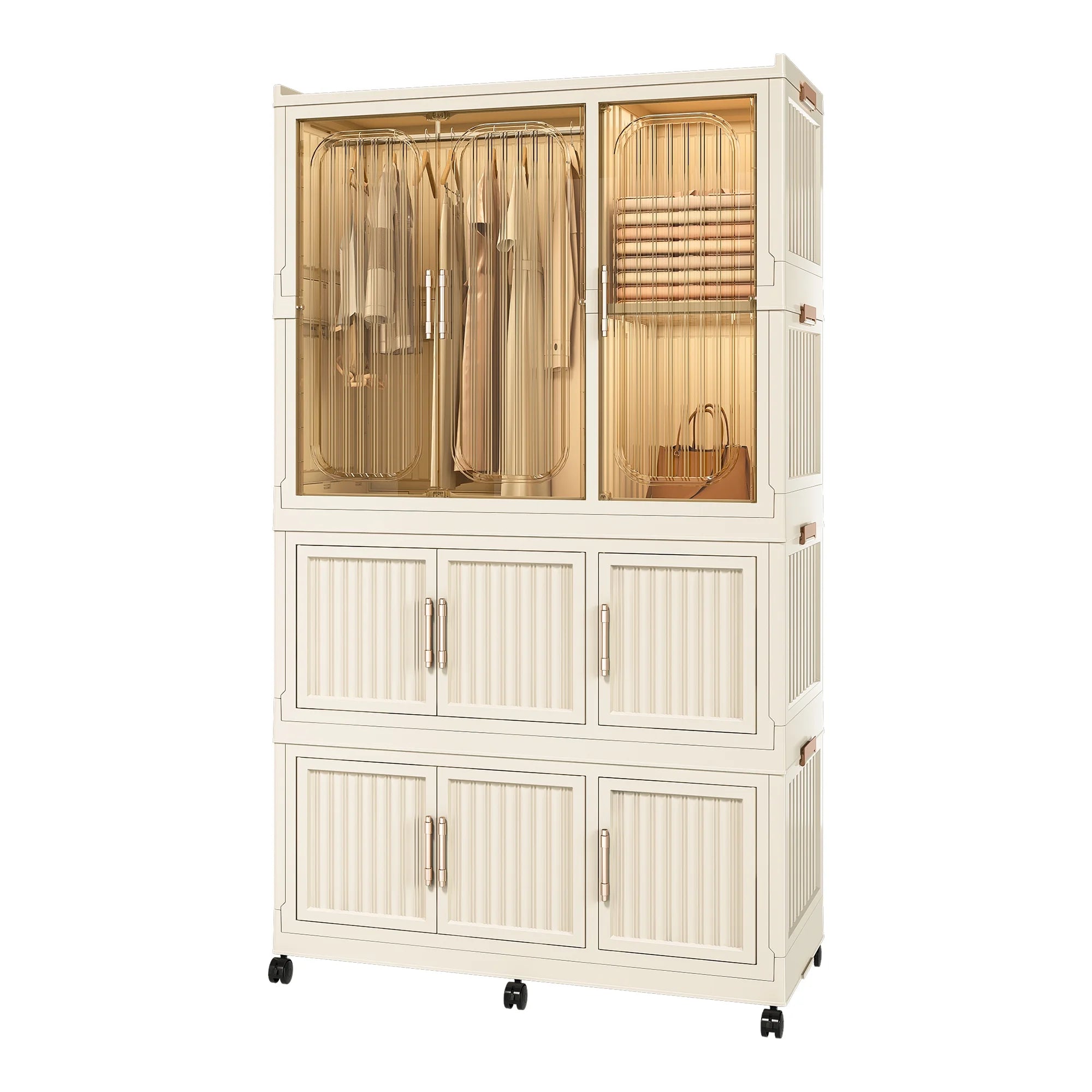 Montary Kids Portable Wardrobe w/ Magnetic Doors & Hanging Rod - 4-Cube Plastic Storage Cabinet,Nursery/Bedroom