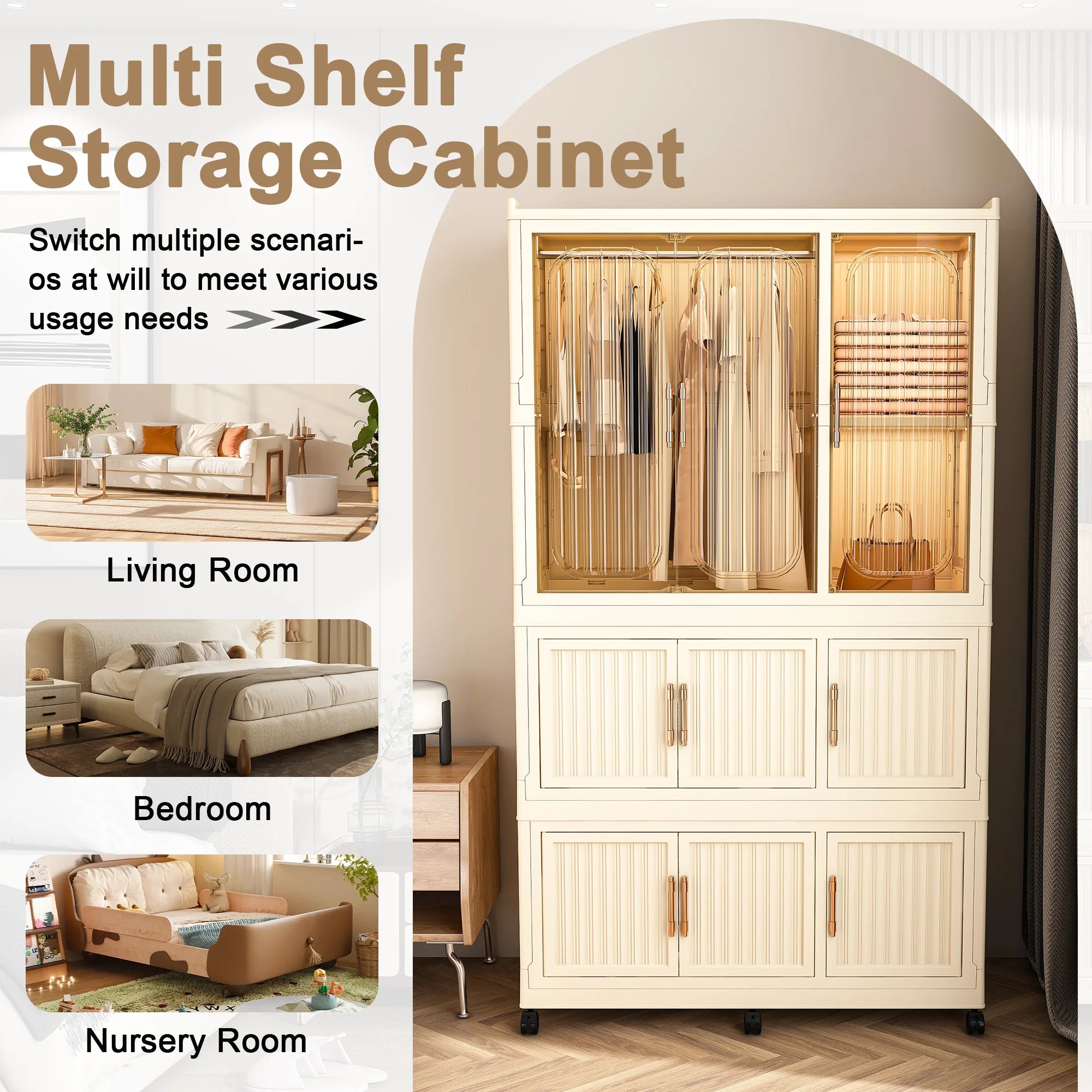 Montary Kids Portable Wardrobe w/ Magnetic Doors & Hanging Rod - 4-Cube Plastic Storage Cabinet,Nursery/Bedroom