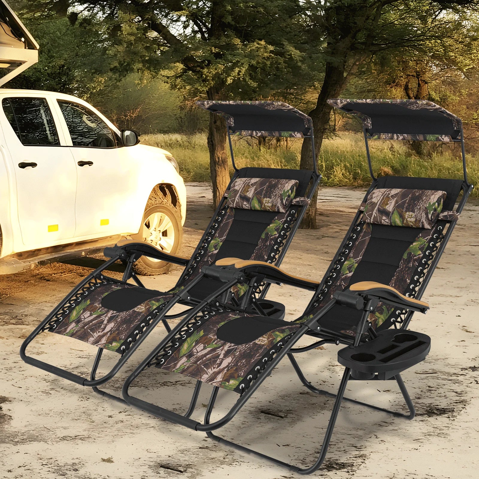 MoNiBloom Zero Gravity Chairs Set of 2, Folding Outdoor Patio Beach Recliner with Canopy Shade & Headrest, Black