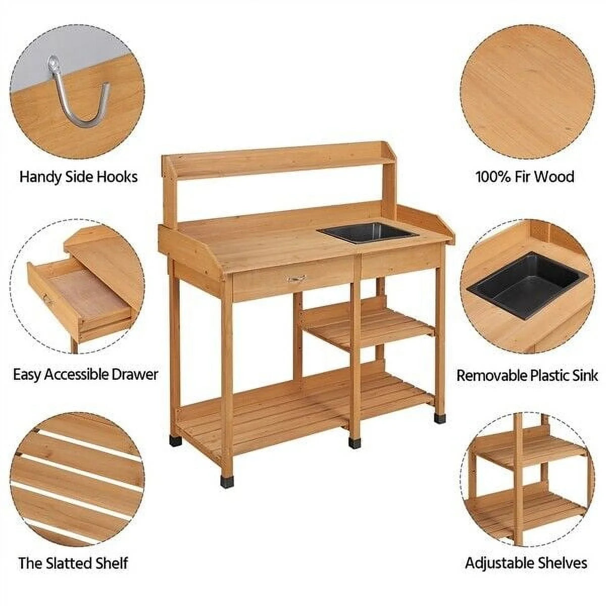 Veado Potting Bench Outdoor Garden Work Bench Station Planting Solid Wood Construction for Horticulture w/Sink Drawer Rack Shelves Natural Wood
