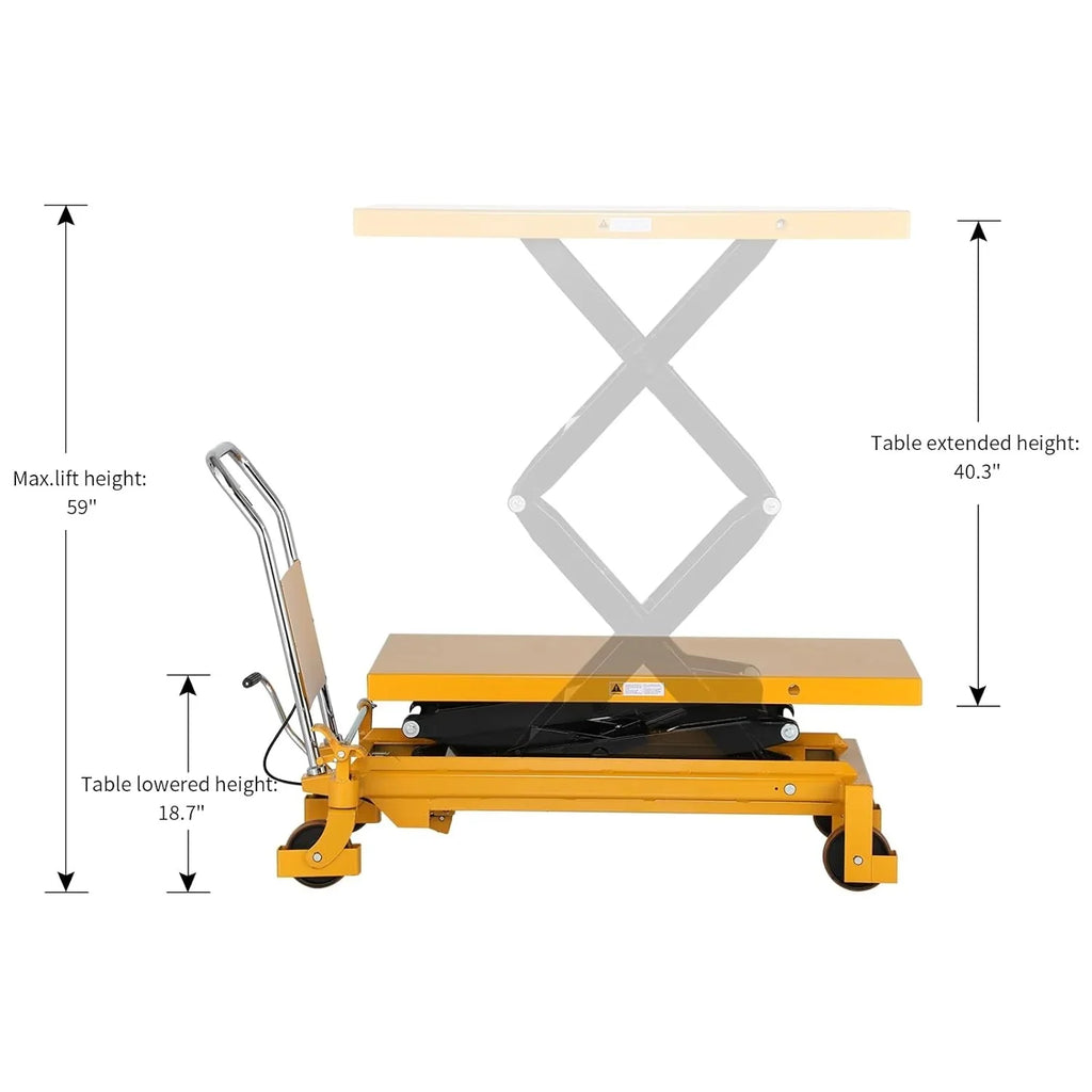 Hydraulic lifting table trolley �C load capacity 350 kg, maximum height 130 cm, double scissor lift table with safety device and 4 wheels