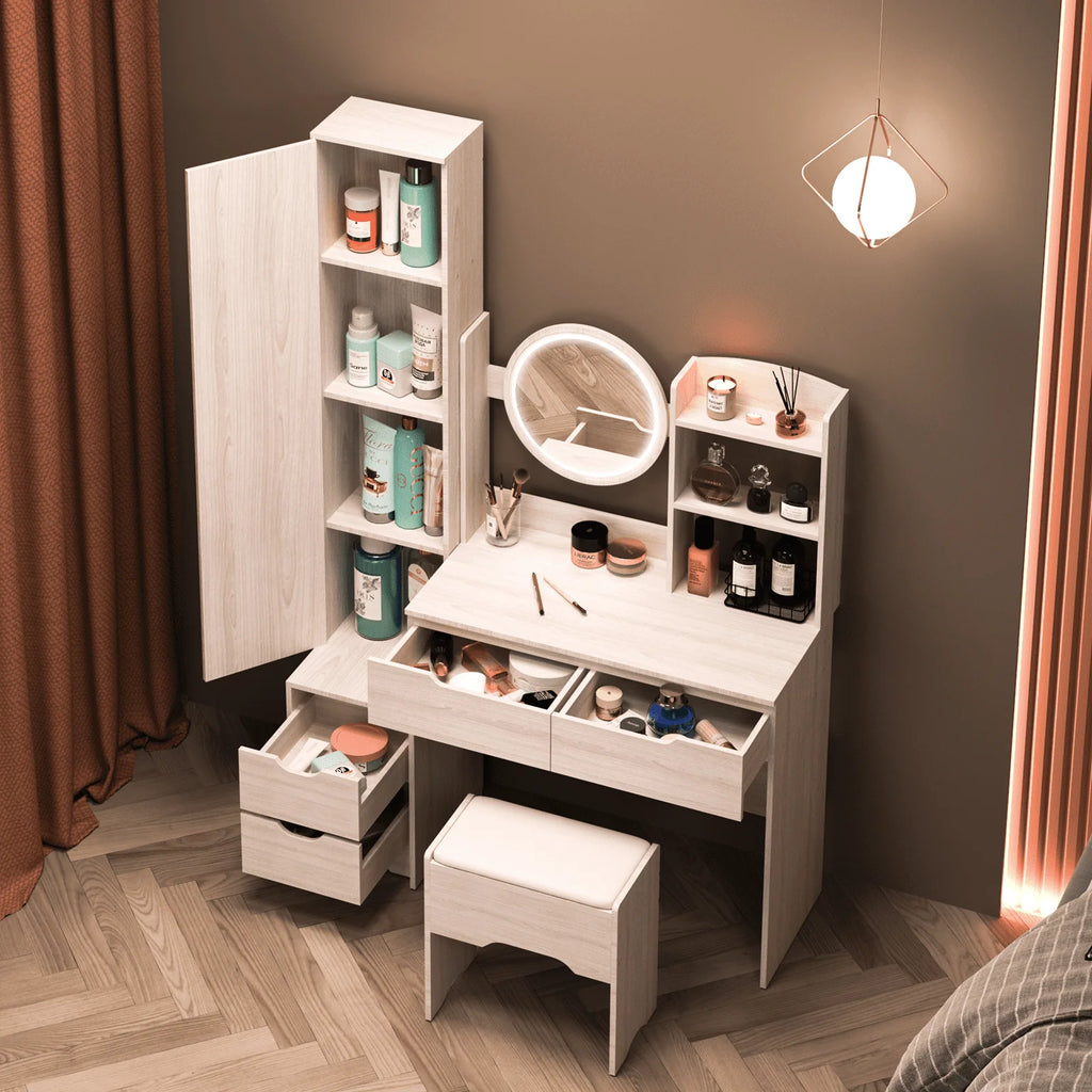 UBesGoo Lighted Vanity Table Set, Dressing Table with Full Length Mirror, Bedroom Makeup Table with Hidden Stoarge Cabinet, White Oak Color