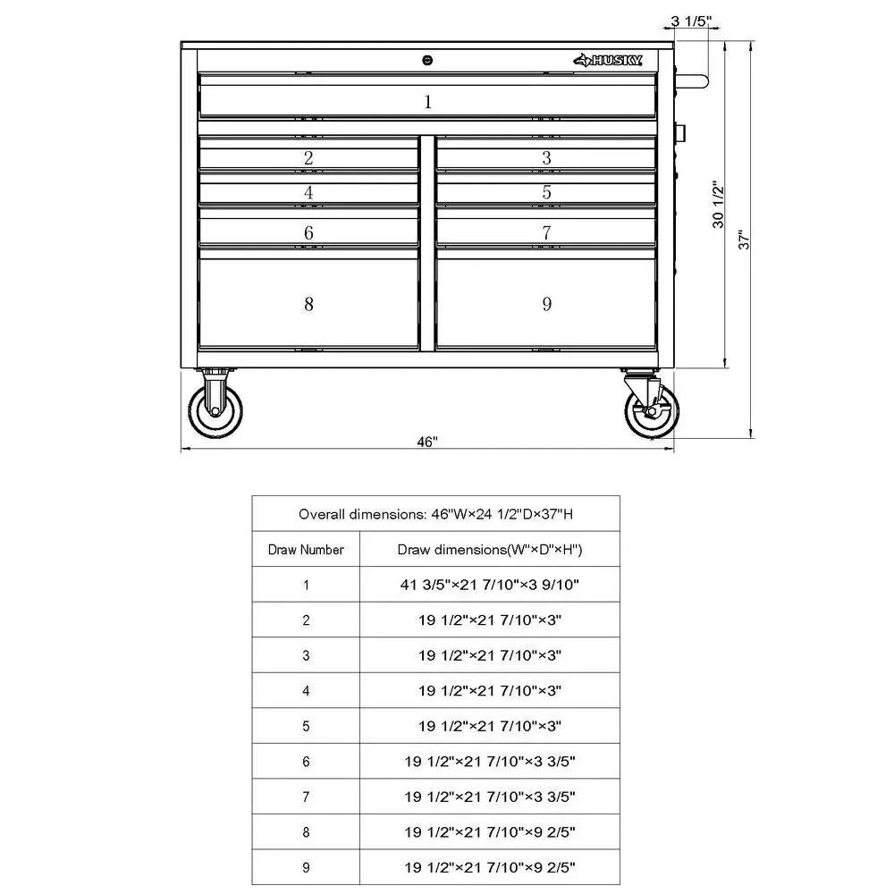 Mobile workbench with 9 drawers, hardwood top and power connection, 117 cm W x 62 cm D �C high-gloss black