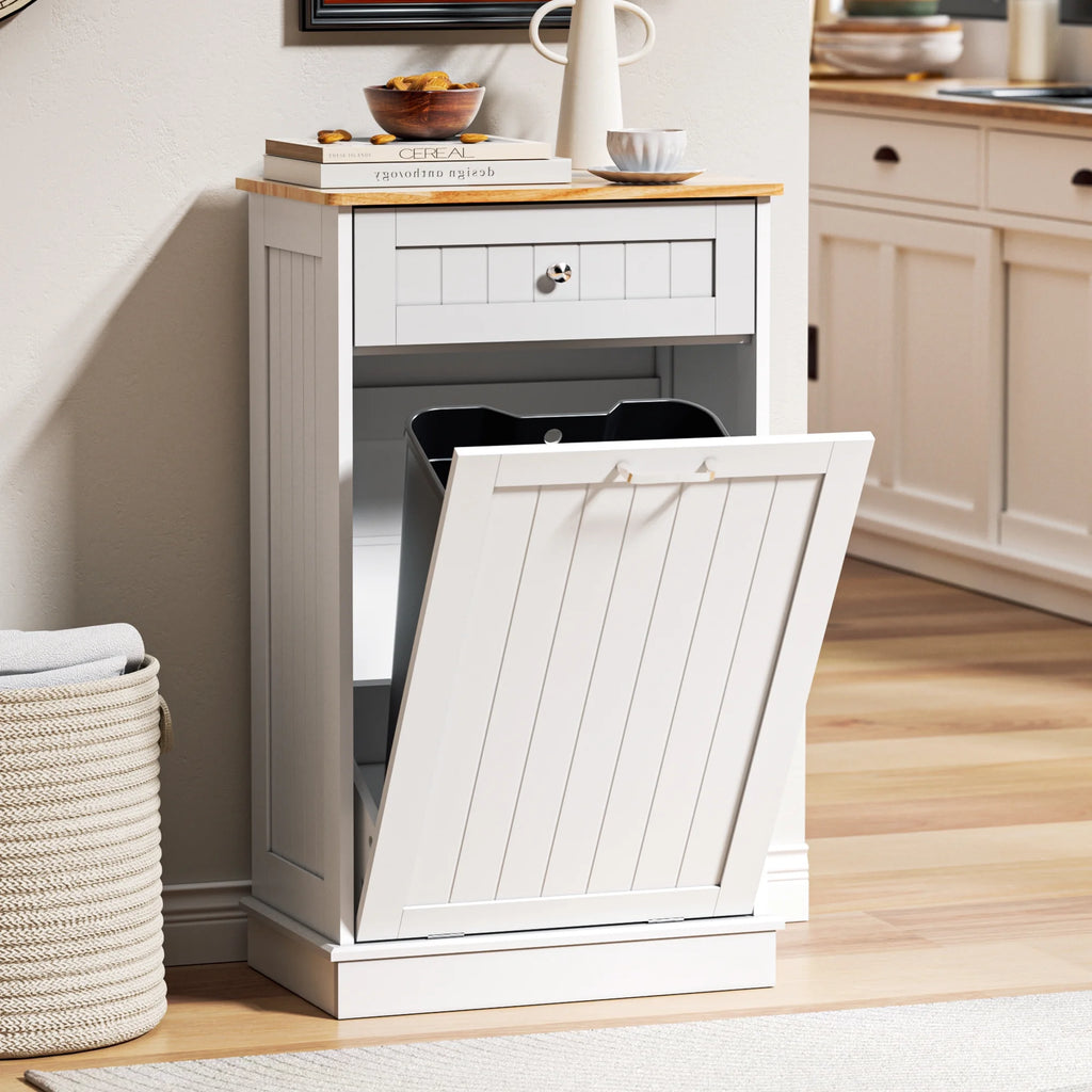 HARIPUL Single Tilt Out Trash Cabinet for 13 Gallon Waste Bin, Free Standing Kitchen Trash Can Cabinet with Drawers, White