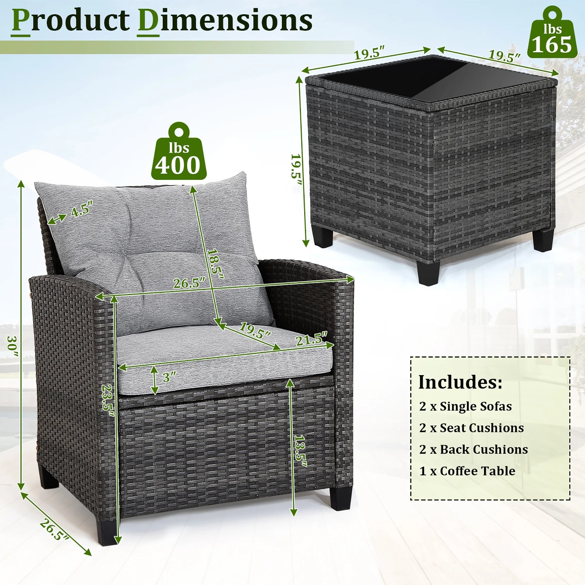 Gymax 3PCS Patio Rattan Sofa Set Outdoor Wicker Conversation Set Glass Tabletop w/ Grey Cushion