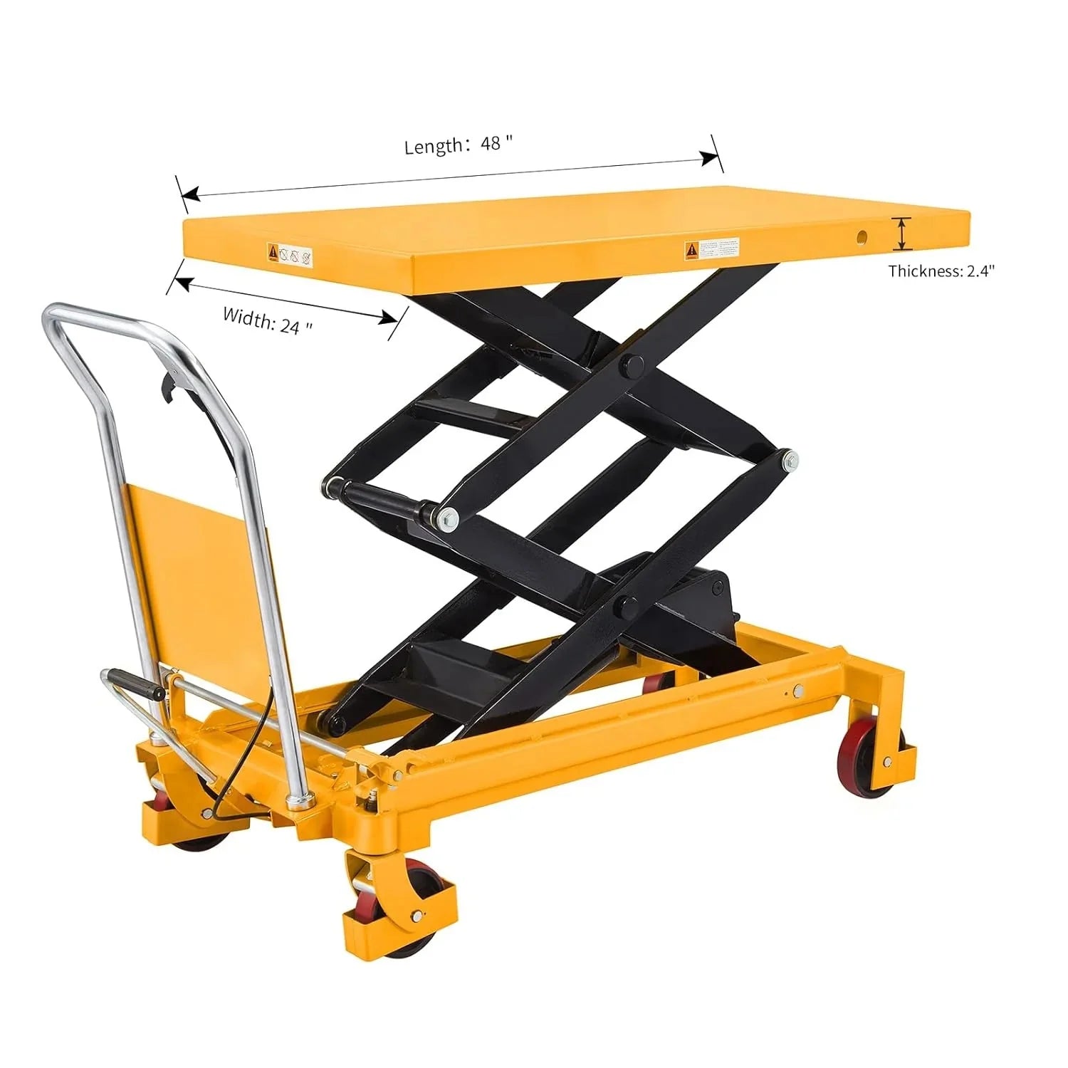 Hydraulic lifting table trolley �C load capacity 350 kg, maximum height 130 cm, double scissor lift table with safety device and 4 wheels