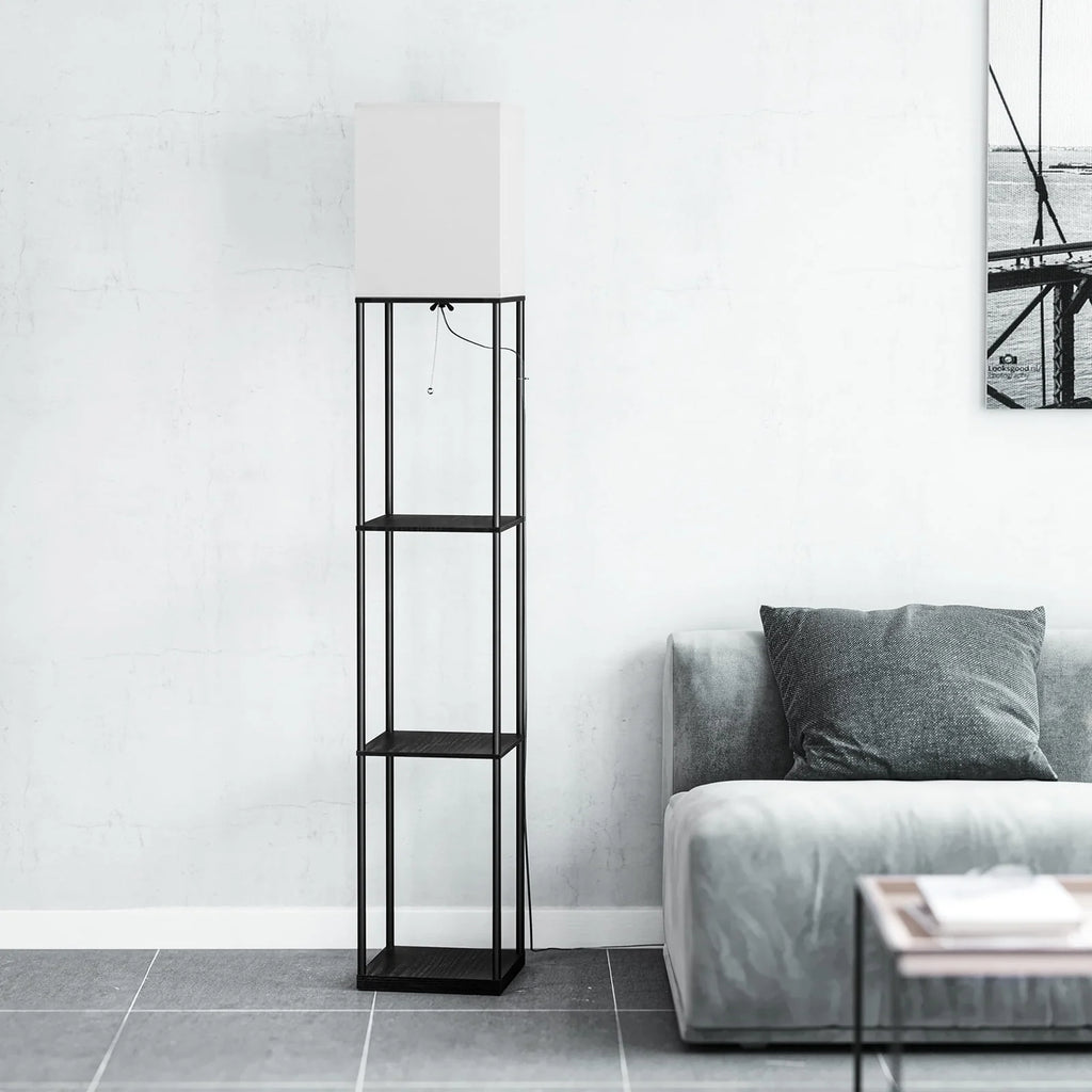 Modern Iron Shelf Floor Lamp with 3-Way Dimmable LED Bulb, Shelves and White Shade for Living Room and Bedroom(Black)