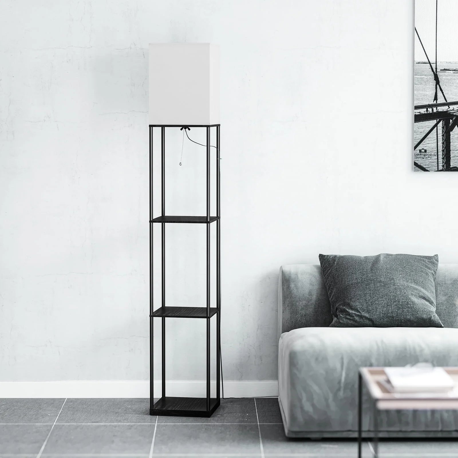 Modern Iron Shelf Floor Lamp with 3-Way Dimmable LED Bulb, Shelves and White Shade for Living Room and Bedroom(Black)