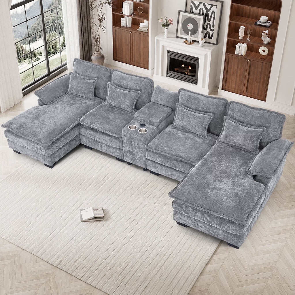 Wiilayok U Shaped Cloud Couch Modular Sectional Sofa 124" Extra Deep Fluffy Chenille Double Chaise Lounge, Central Console w/ Dual USB-C & A Ports, Storm Gray