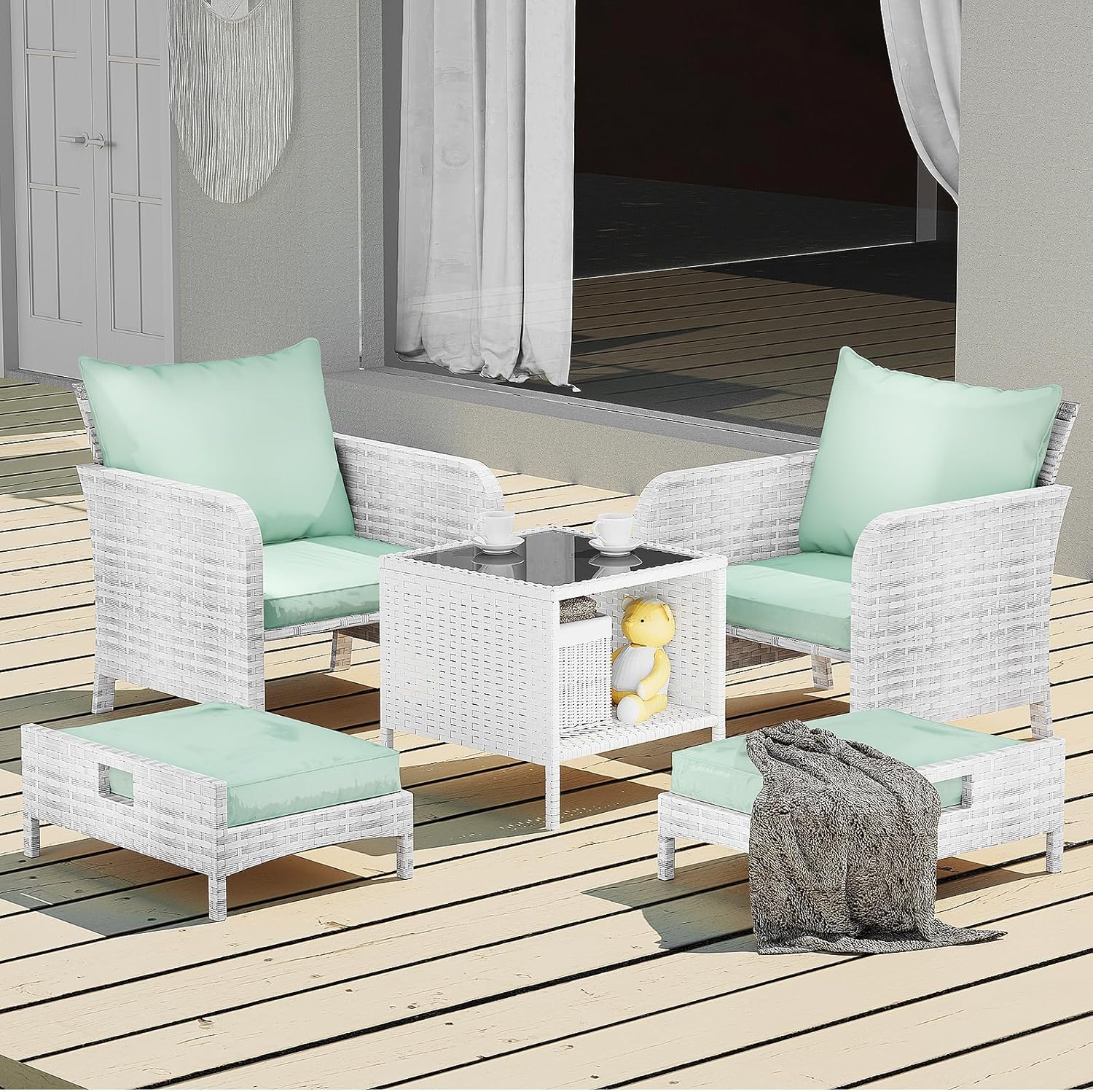 LEVELEVE Balcony Furniture 5 Piece Patio Conversation Set, PE Wicker Rattan Outdoor Lounge Chairs with Soft Cushions 2 Ottoman&Glass Table for Porch, Lawn-Brown Wicker