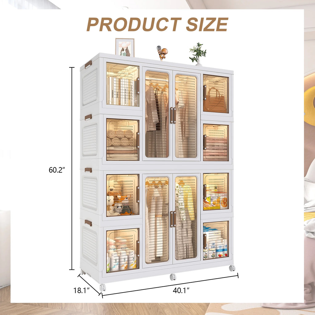 Montary Kids Portable Wardrobe w/ Magnetic Doors & Hanging Rod - 4-Cube Plastic Storage Cabinet,Nursery/Bedroom