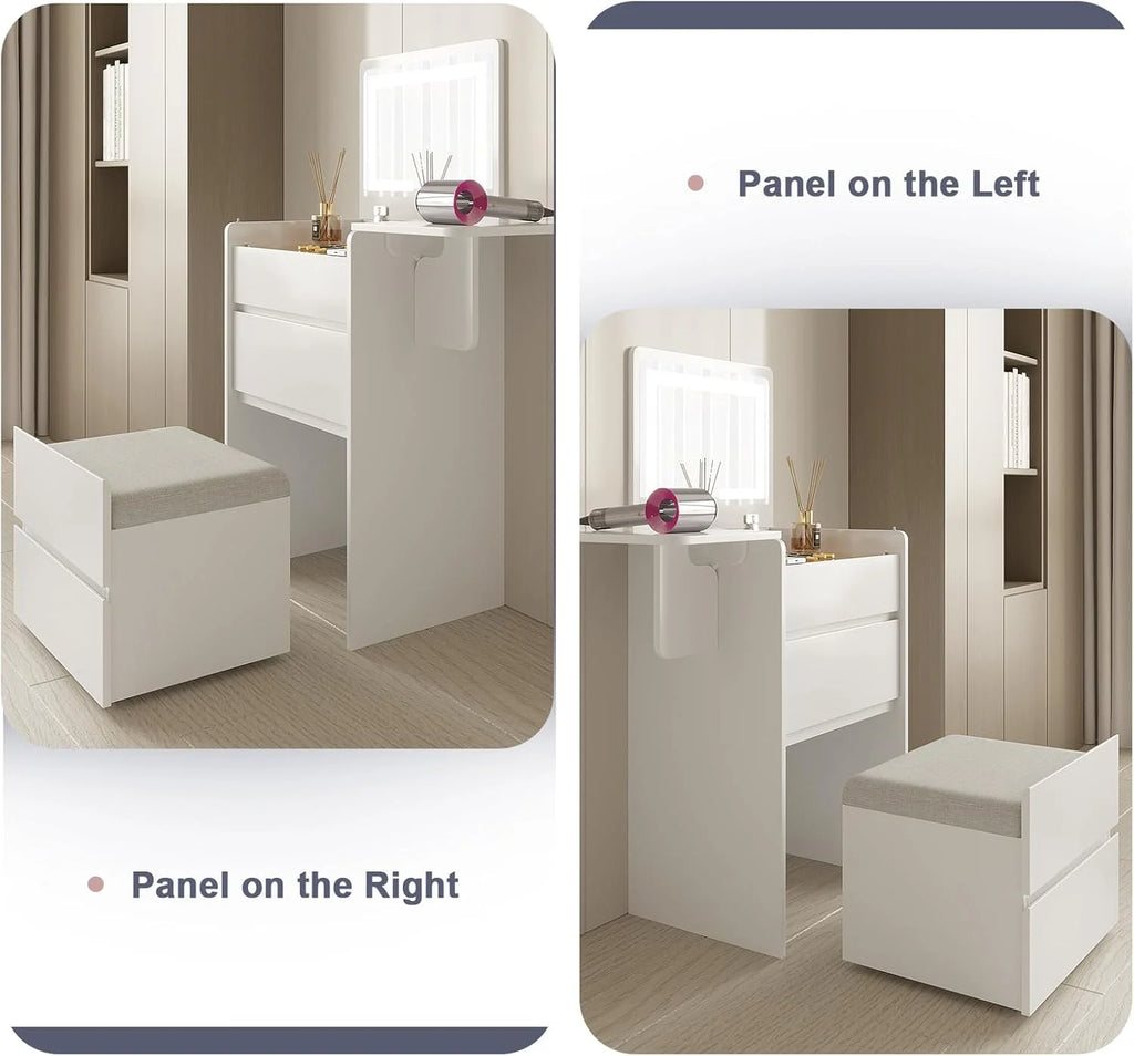 Vanity Desk with Flip Top Lighted Mirror, Compact Makeup Table with Storage Stool, Integrated Vanity with Drawers, 3-in-1 Vanity Set, Small Dressing Desk for Bedroom