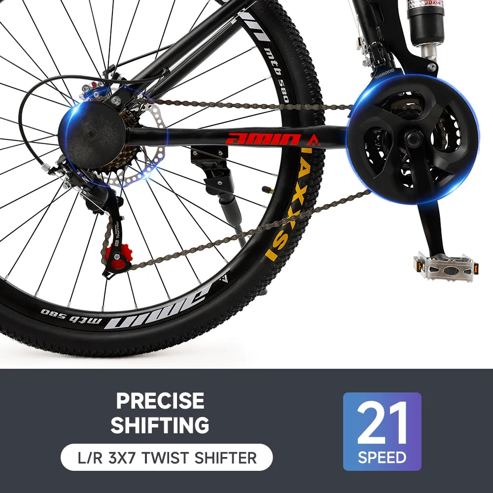 Artudatech Folding Mountain Bike 26 Inch Shimano 21 Speed Dual Disc Brake - Adult - Red