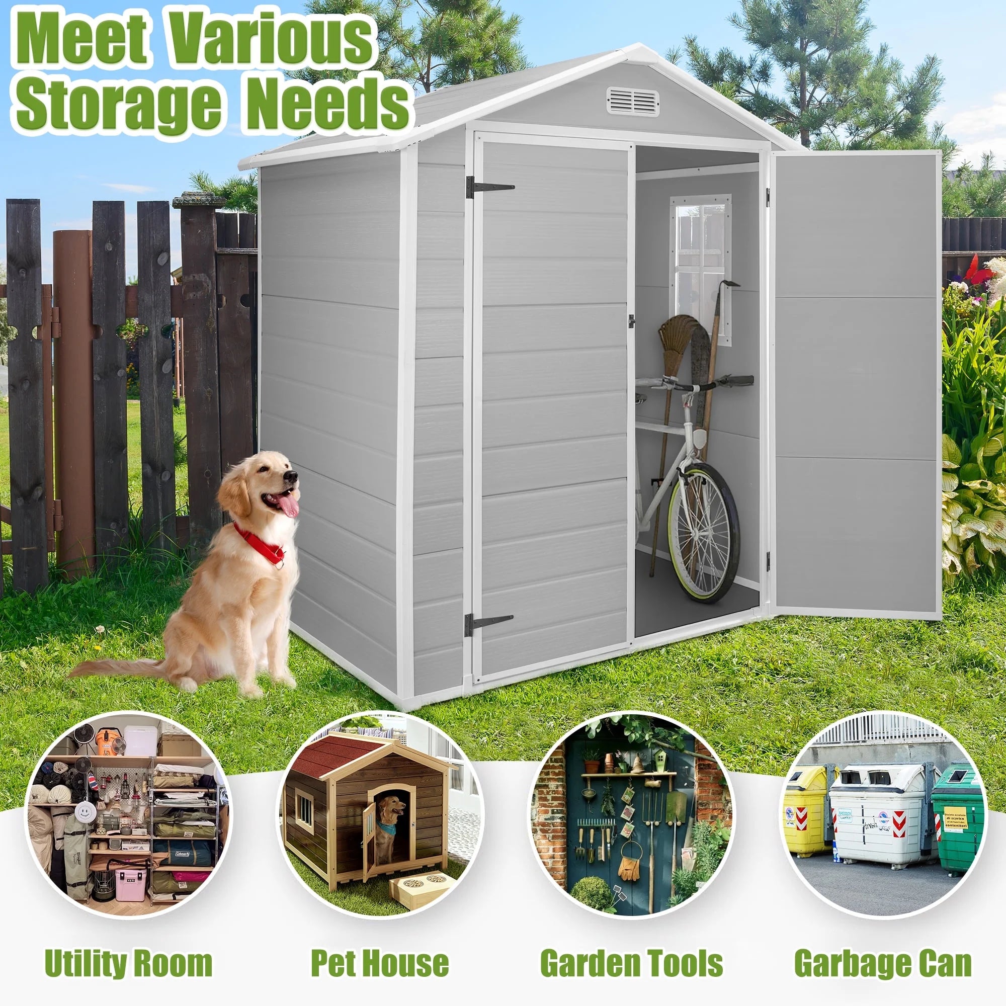Enyopro 6 x 4.4FT Outdoor Storage Shed, All-Weather Plastic Resin Utility Tool Large Shed with Dual Lockable Doors for Patio Backyard Lawn, Gray