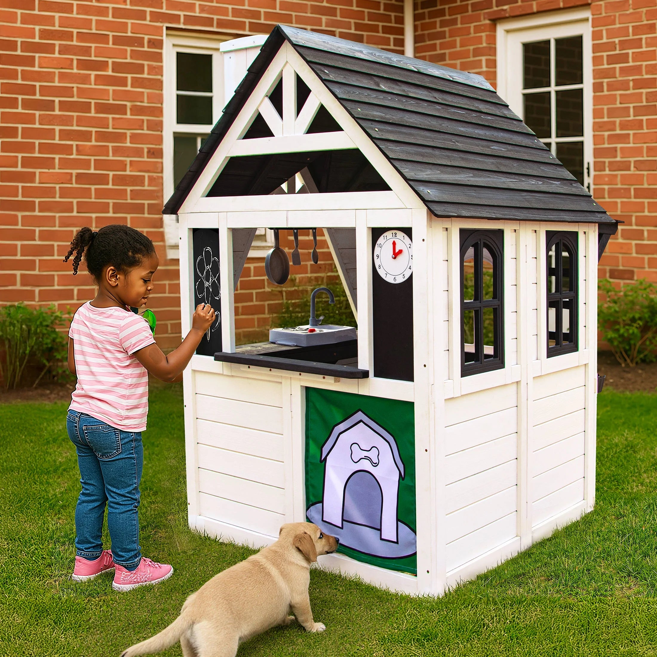 COCLUB Outdoor Playhouse for Kids Ages 4-8, Wooden Play House with Doorbell, Phone, Kitchen Toys, Outdoor Kids Play Equipment, Casa Para Ni?as (45��L x 65��H), White & Black