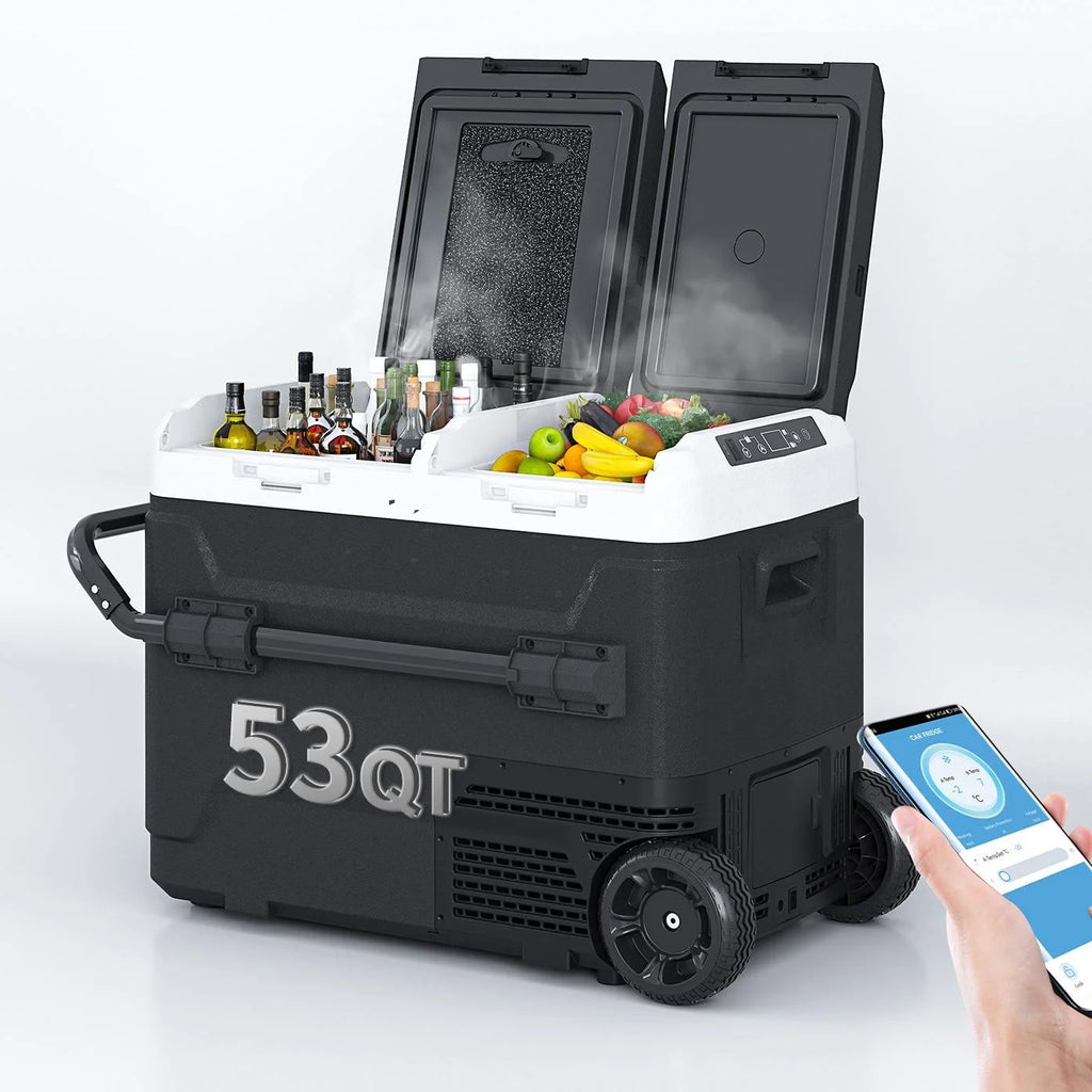 DISHUP 12V Portable Car Refrigerator, 53QT(50L) Electric Cooler with Dual Zone,DC & AC,Ideal for RV, Camping, Travel, Truck