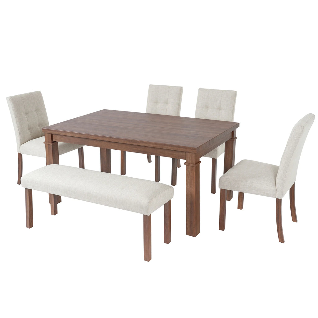 Euroco 6-Piece Wood Dining Table Set for 6, Modern Rectangular Kitchen Table with 4 Upholstered Chairs & Bench for Kitchen Dining Room,Walnut