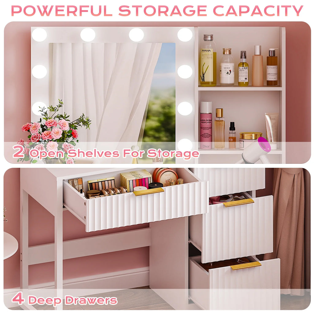 Ktaxon Vanity Set with 3 Color Lighted Mirror, Makeup Table with 3 Storage Shelves & Drawers, Dressing Table Makeup Desk with Stool,White