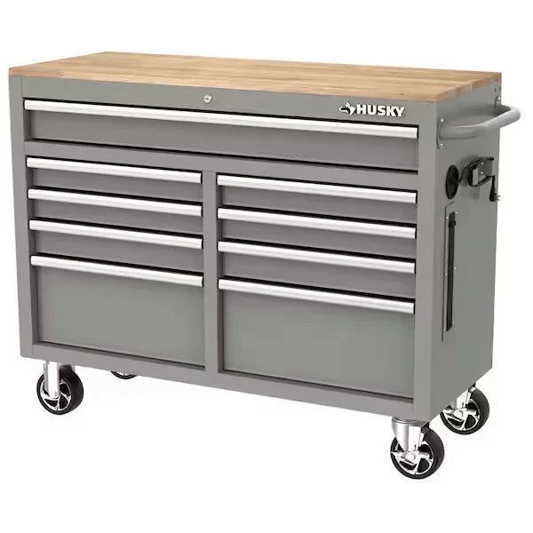Mobile workbench with 9 drawers, hardwood top and power connection, 117 cm W x 62 cm D �C high-gloss black