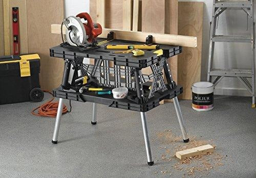 Keter �C 197283 Folding Table Work Bench for Miter Saw Stand, Woodworking Tools and Accessories with Included 12 Inch Wood Clamps �C Easy Garage Storage Black/Yellow