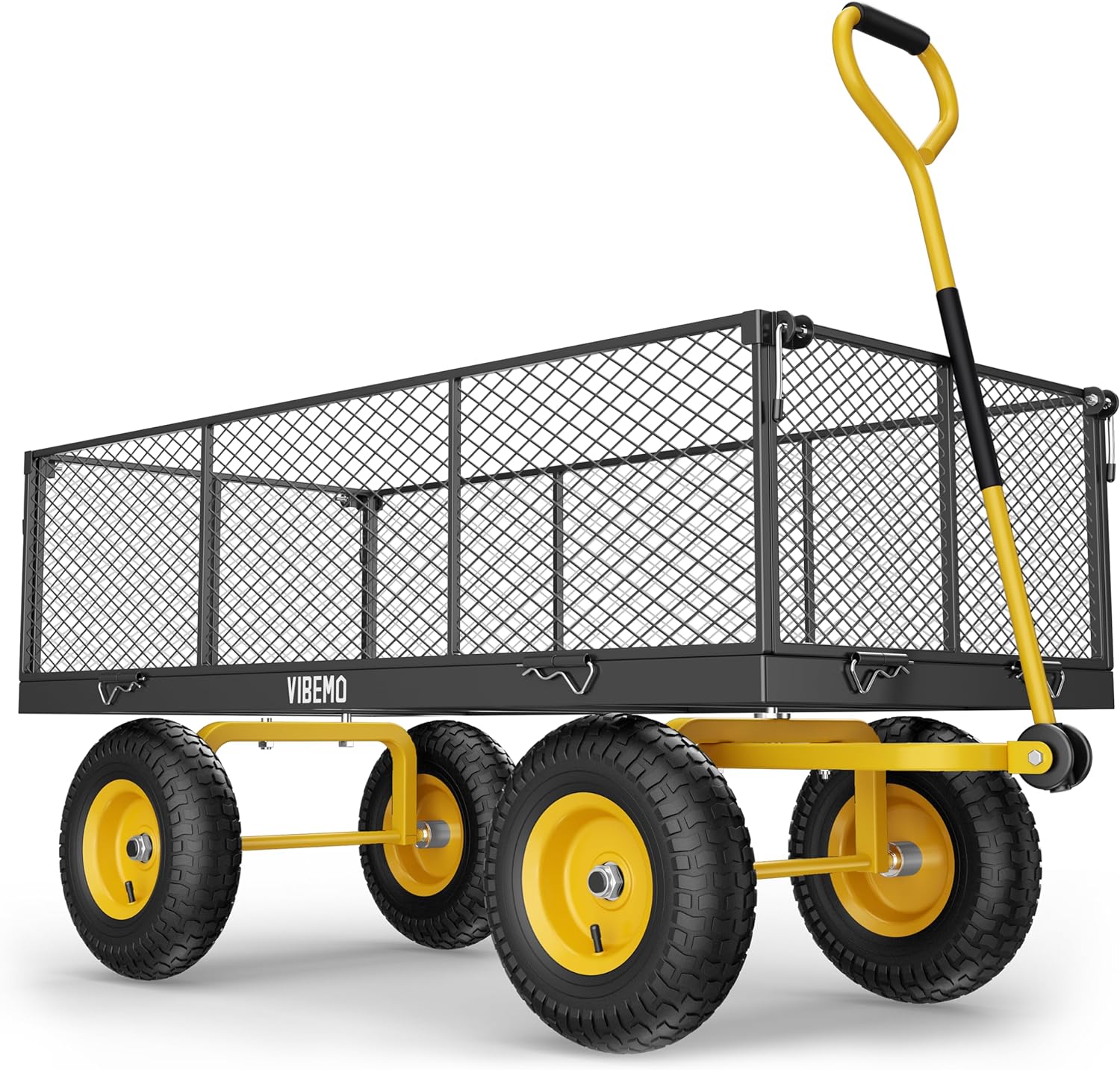 Steel Garden Cart, 2-in-1 1400 lbs Heavy Duty Utility Wagon, with Removable Mesh Sides to Convert into Flatbed, 240�� U-Turn 13" Pneumatic Tires Garden Wagon for Farm Yard Lawn Garden Camping