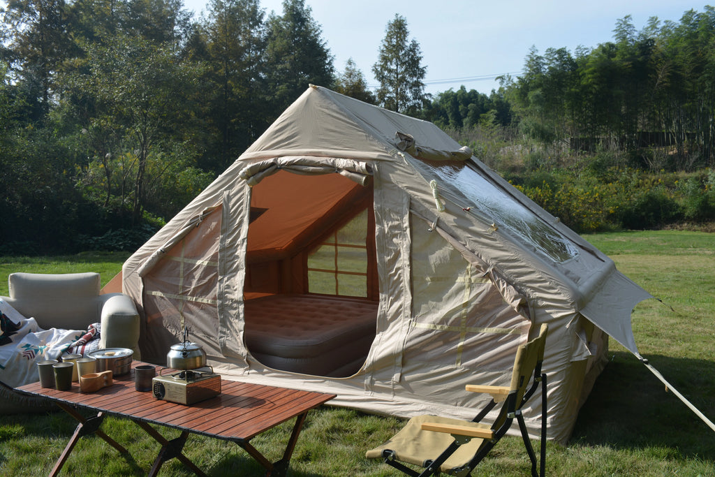 Inflatable Camping Tent Easy Setup 4 Season Glamping Tent 4-6 Persons Waterproof Windproof Outdoor Self-Supporting Blow up Tent Air Tent Portable House Beige