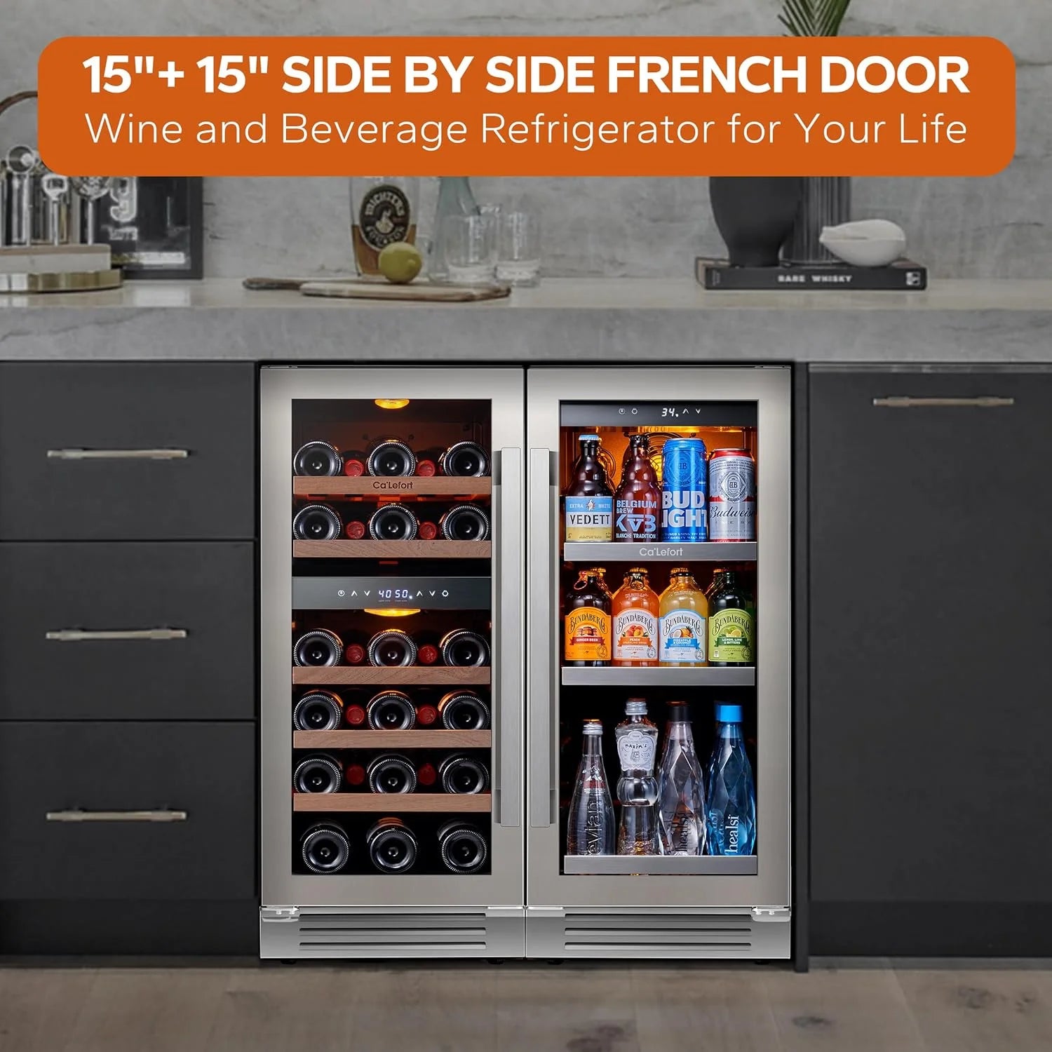 Ca'Lefort 30" Wine and Beverage Refrigerator, 28 Bottles Dual Zone Wine Fridge and 100 Cans Beverage Fridge Cooler with Stainless Steel  Door Framed