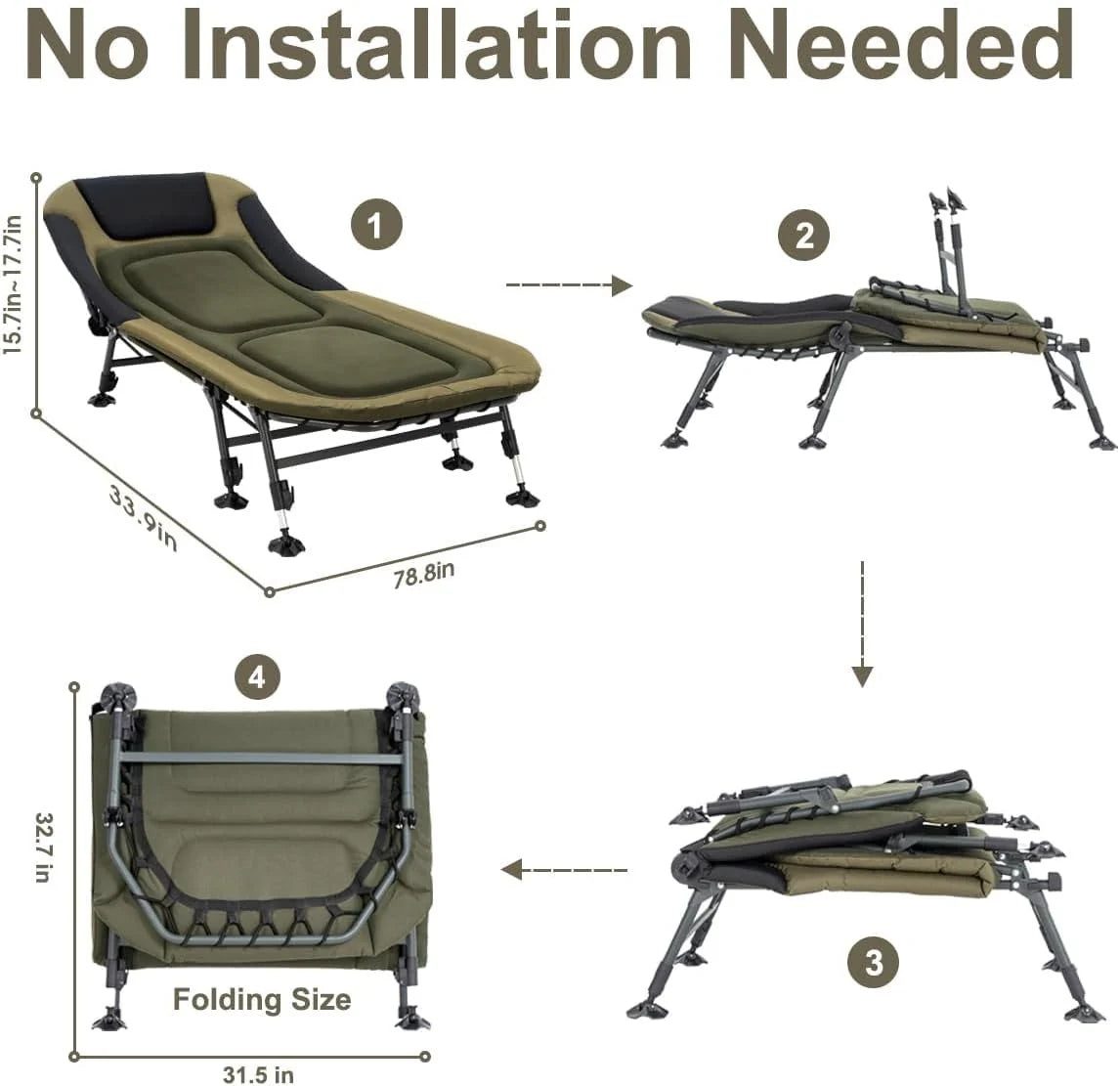 Camping Cots for Adults 330Lbs with Carry Bag, Heavy Duty Folding Bed with Soft Padded Cushion, Portable Military Cot for Hunting, 180�� Adjustable Reclining Outdoor Lounger