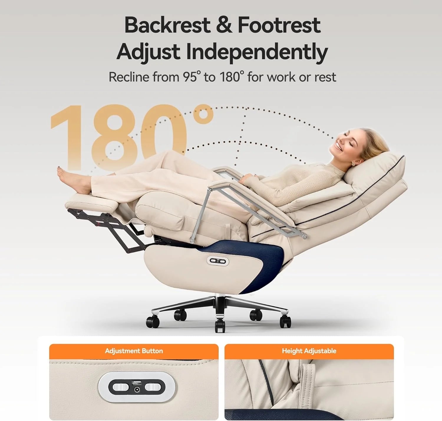 M80 executive chair with two motors and footrest, for tall and heavy people, up to 190 kg, beige