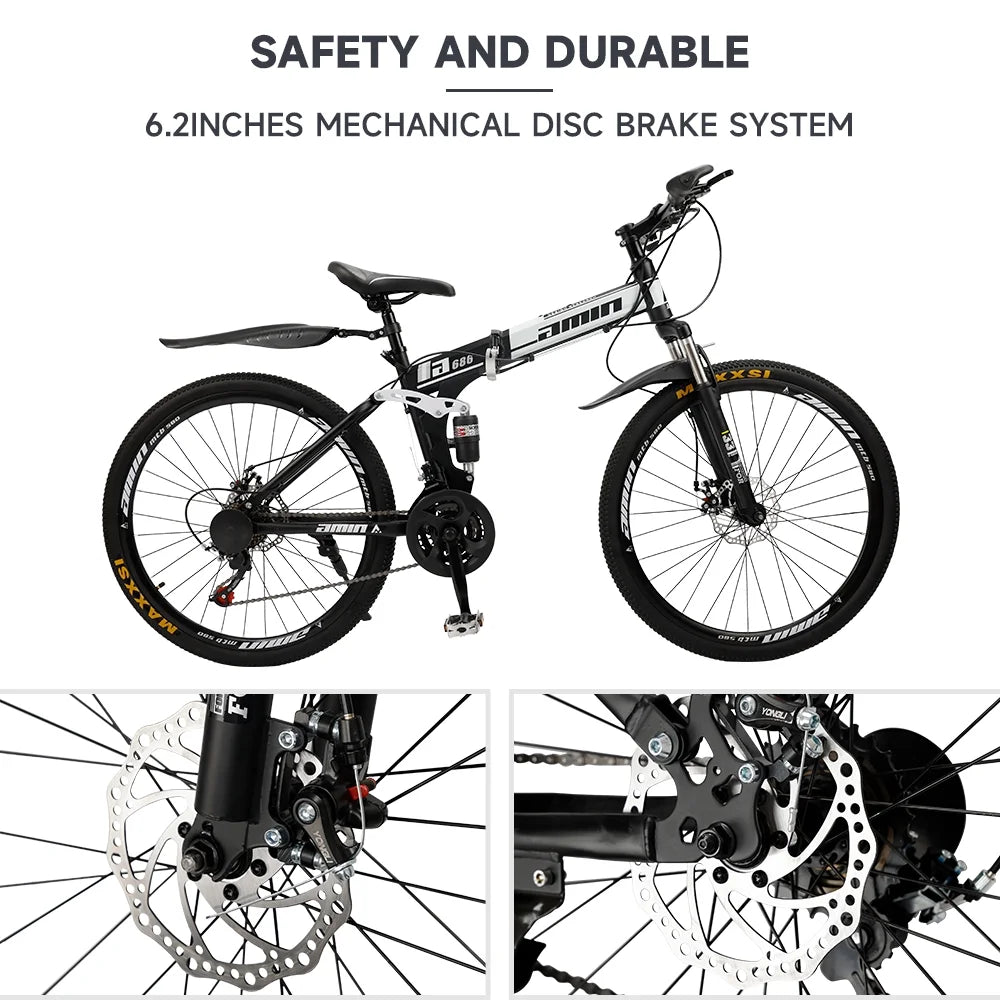 Artudatech Folding Mountain Bike 26 Inch Shimano 21 Speed Dual Disc Brake - Adult - Red