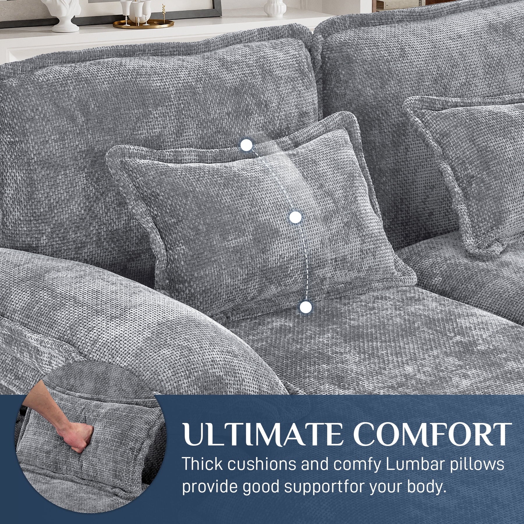 Wiilayok U Shaped Cloud Couch Modular Sectional Sofa 124" Extra Deep Fluffy Chenille Double Chaise Lounge, Central Console w/ Dual USB-C & A Ports, Storm Gray