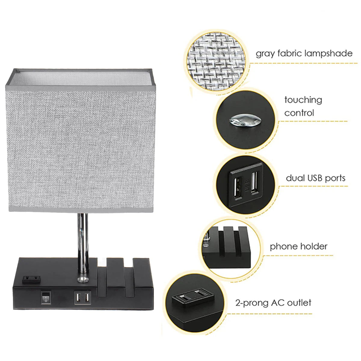 Touch Control Table Lamp with 2 USB Charging Ports, 1 AC Outlets and 2 Phone Stands, Modern USB Desk Lamp with Black Wooden Base and Grey Shade Suitable for Bedroom, Living Room