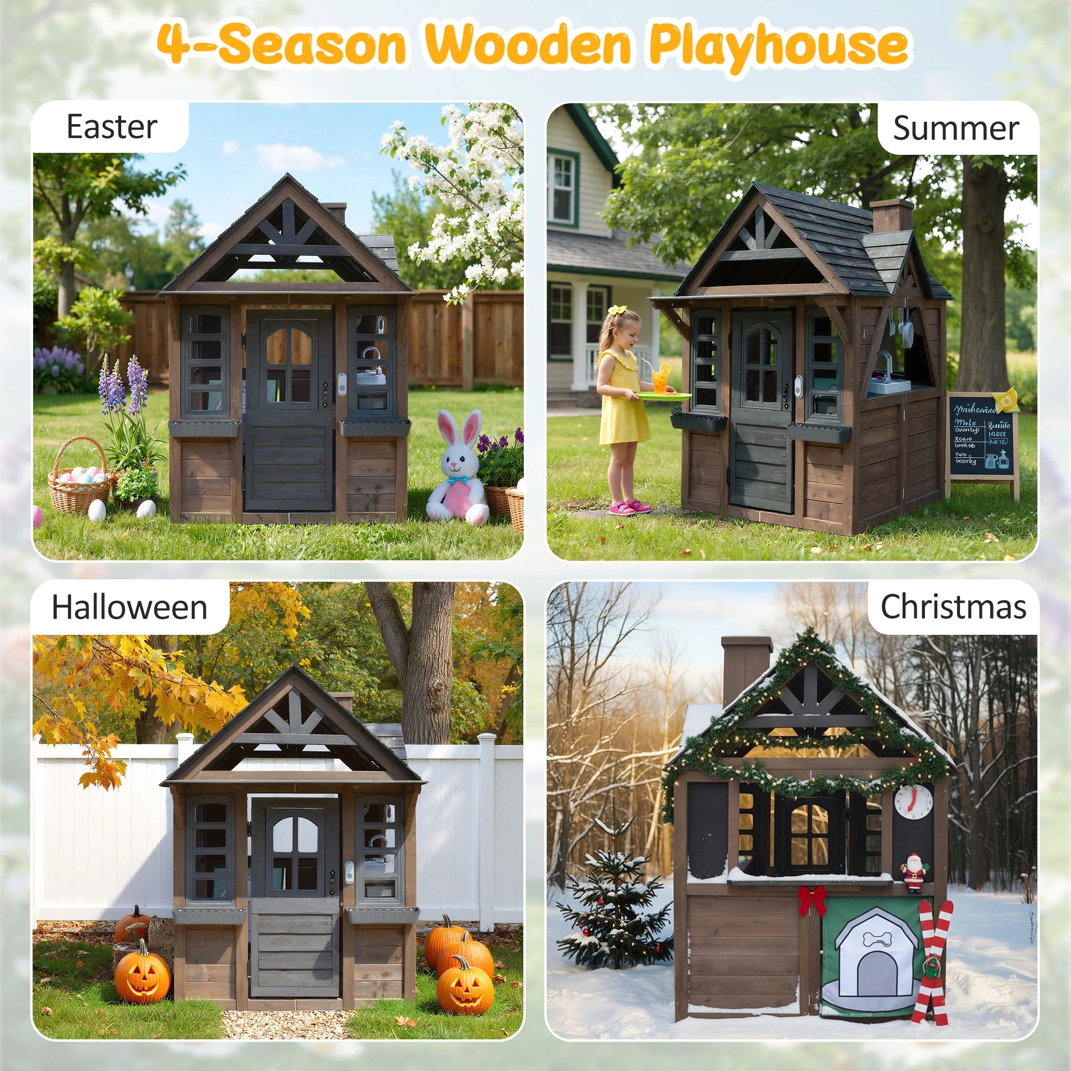 COCLUB Outdoor Playhouse for Kids Ages 4-8, Wooden Play House with Doorbell, Phone, Kitchen Toys, Outdoor Kids Play Equipment, Casa Para Ni?as (45��L x 65��H), White & Black