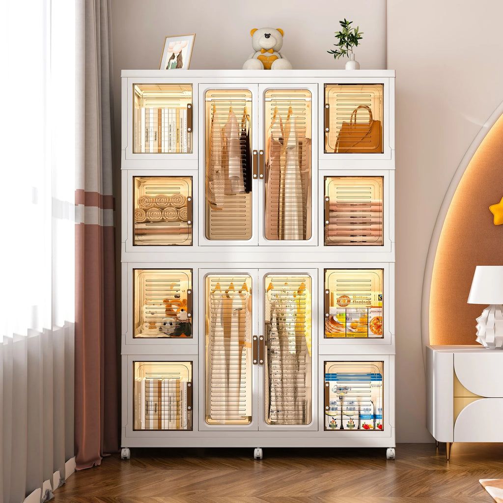 Montary Kids Portable Wardrobe w/ Magnetic Doors & Hanging Rod - 4-Cube Plastic Storage Cabinet,Nursery/Bedroom