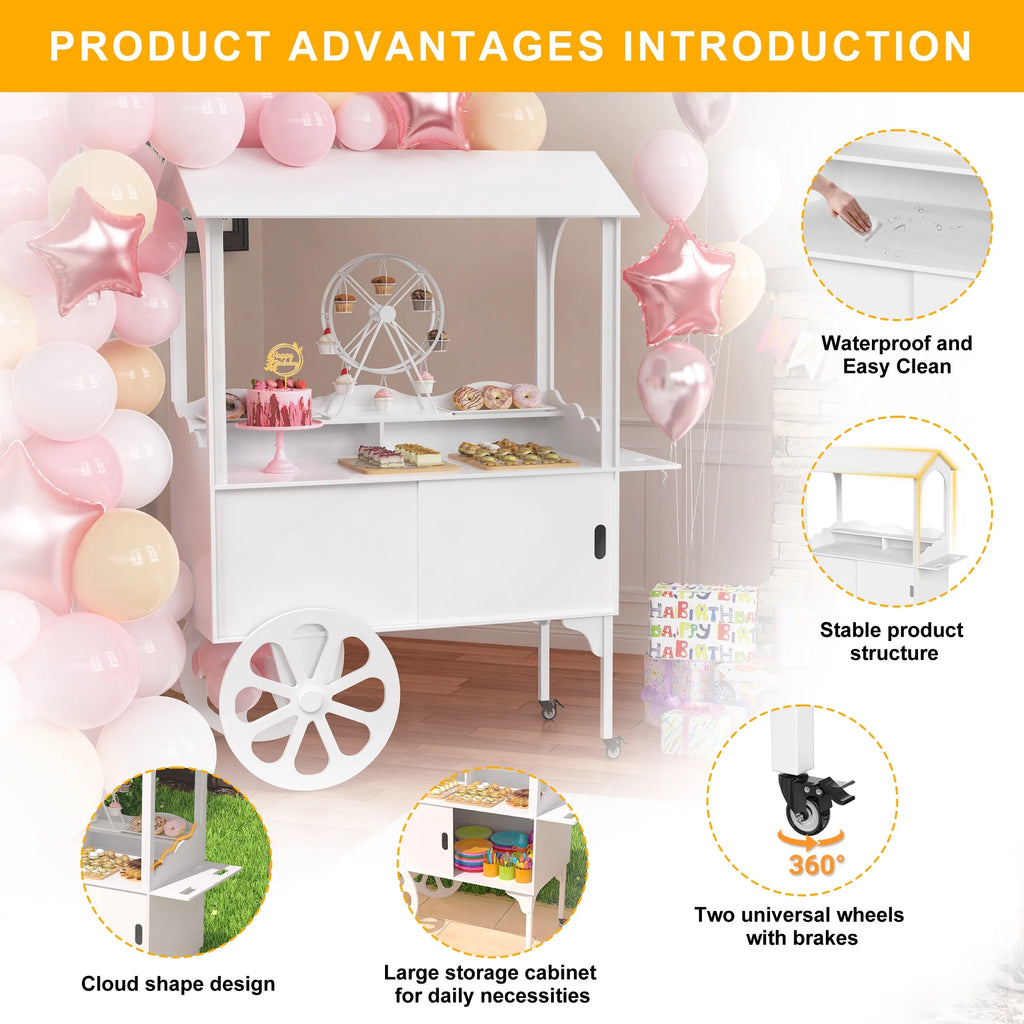 Candy Cart with Wheels for Party��Wood Dessert Cart with Storage Cabinet