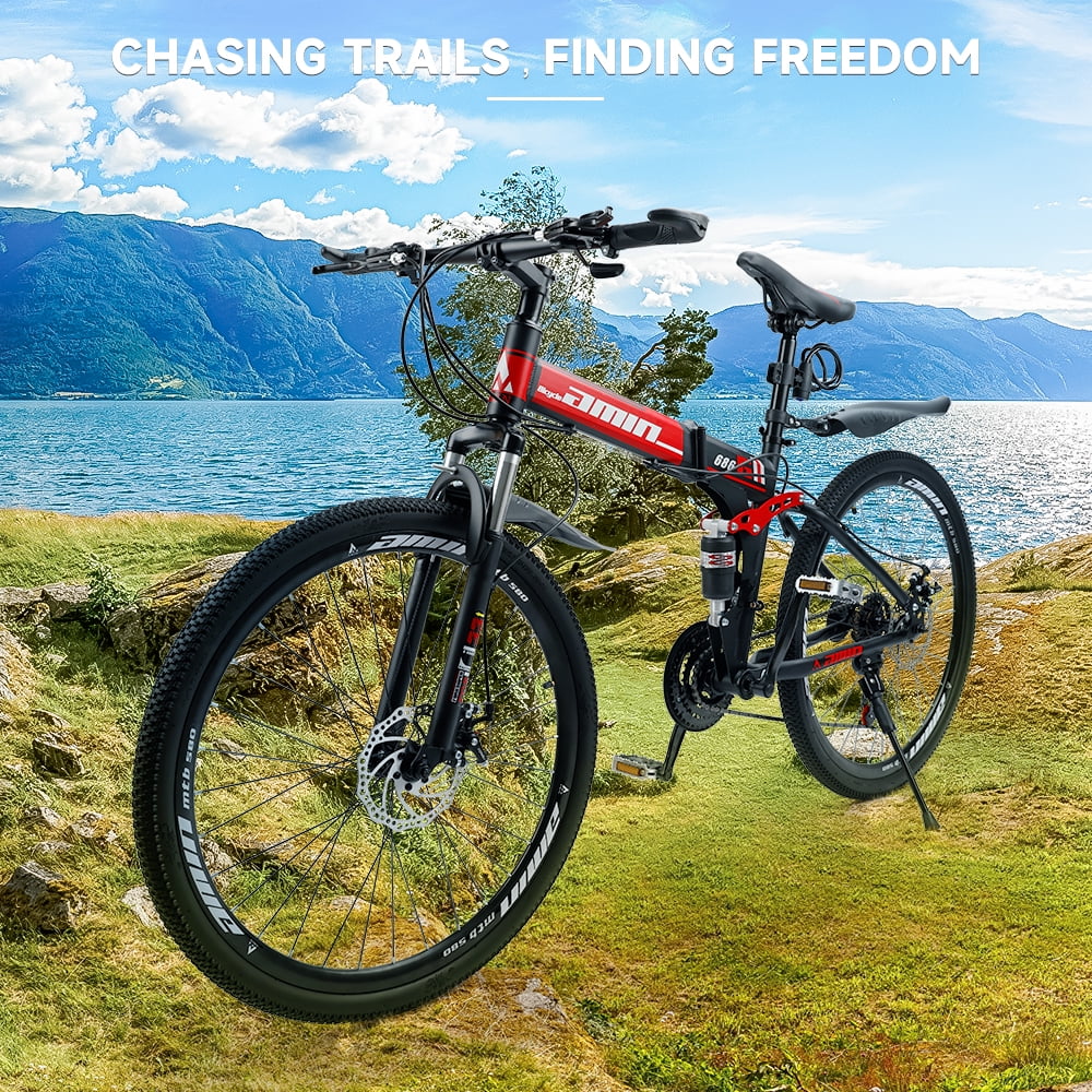Artudatech Folding Mountain Bike 26 Inch Shimano 21 Speed Dual Disc Brake - Adult - Red